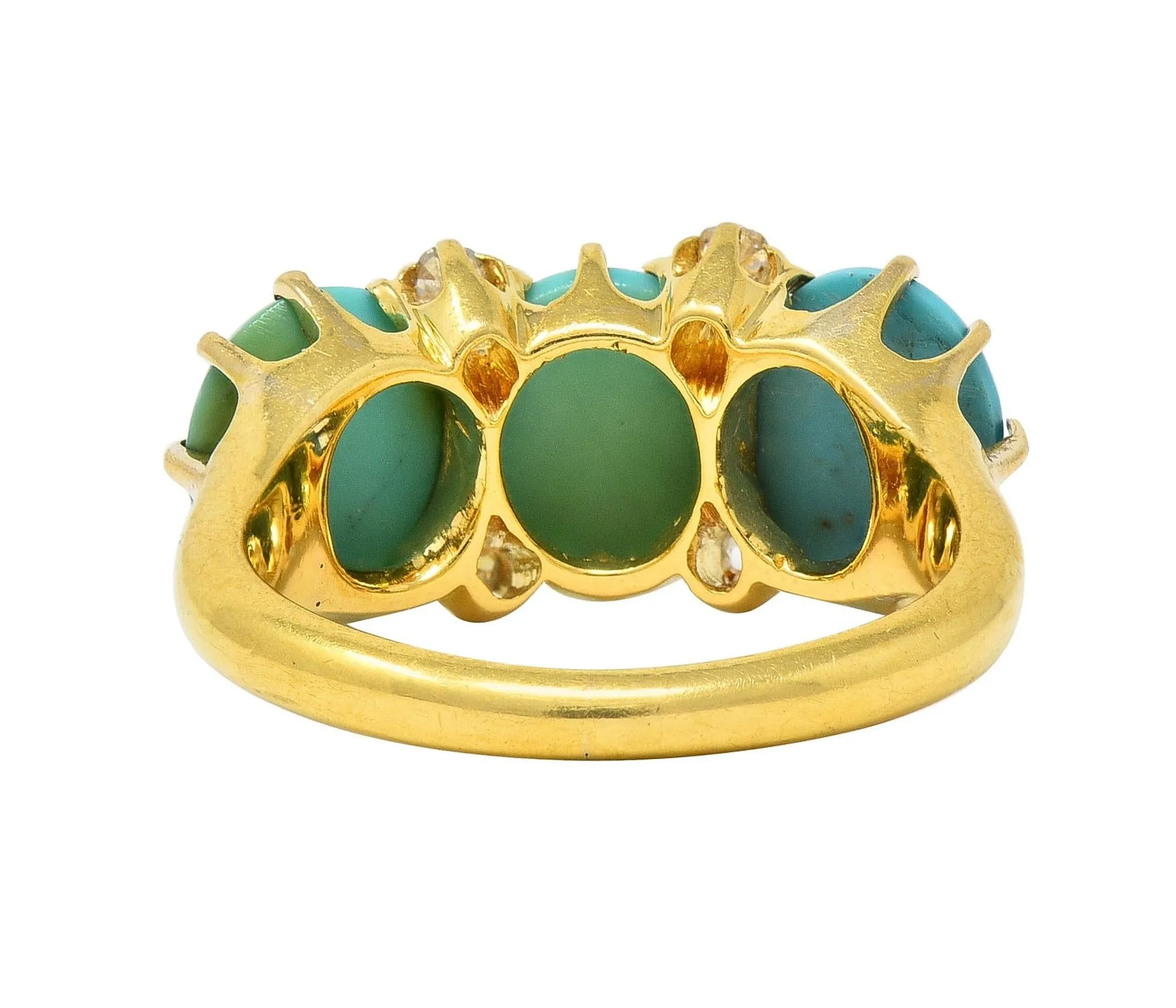 Victorian Turquoise Diamond 18 Karat Yellow Gold Antique Three Stone Band Ring