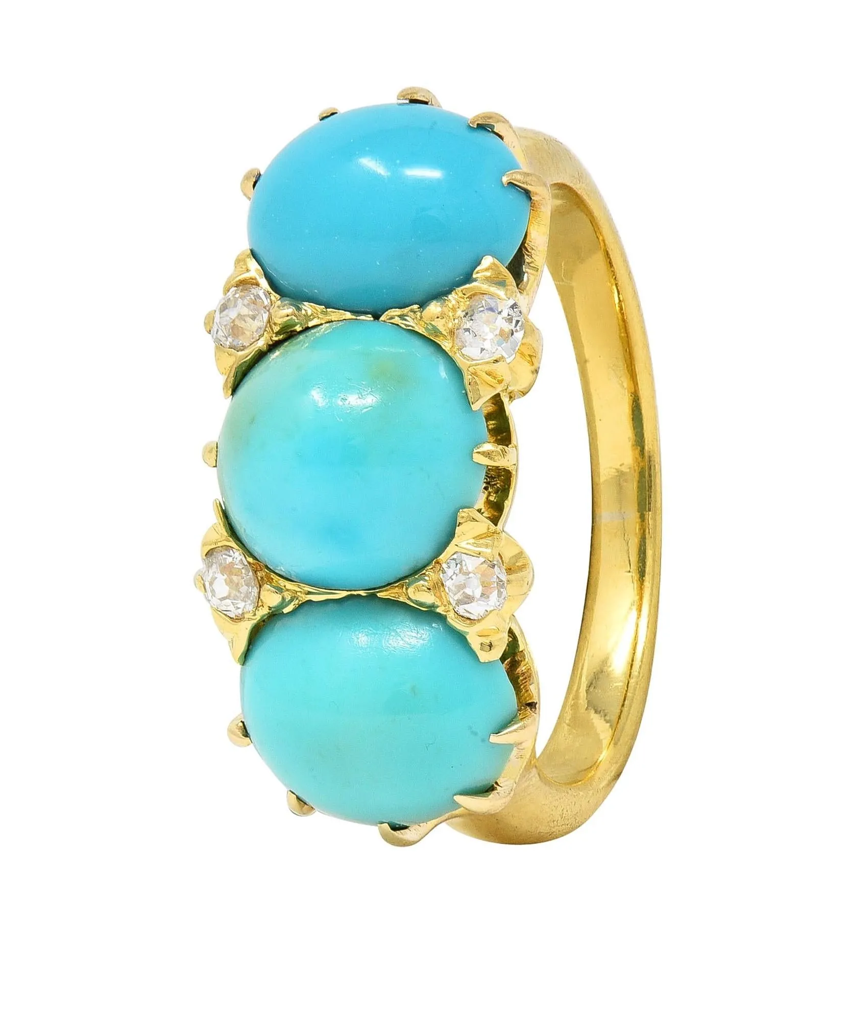 Victorian Turquoise Diamond 18 Karat Yellow Gold Antique Three Stone Band Ring