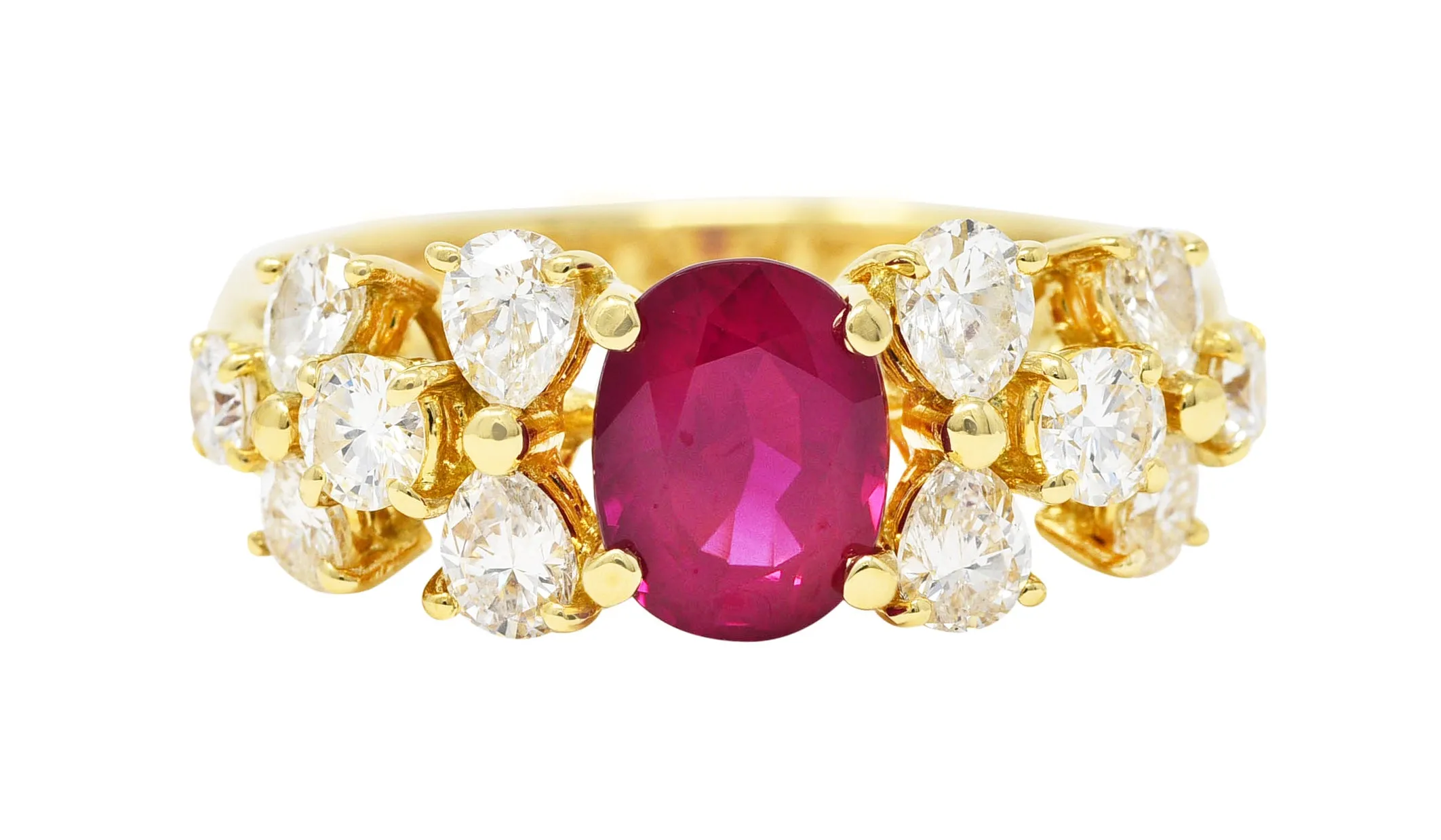 Vintage 2.77 CTW Oval Cut Burma Ruby Pear Cut Diamond 18 Karat Yellow Gold Cluster Ring GIA