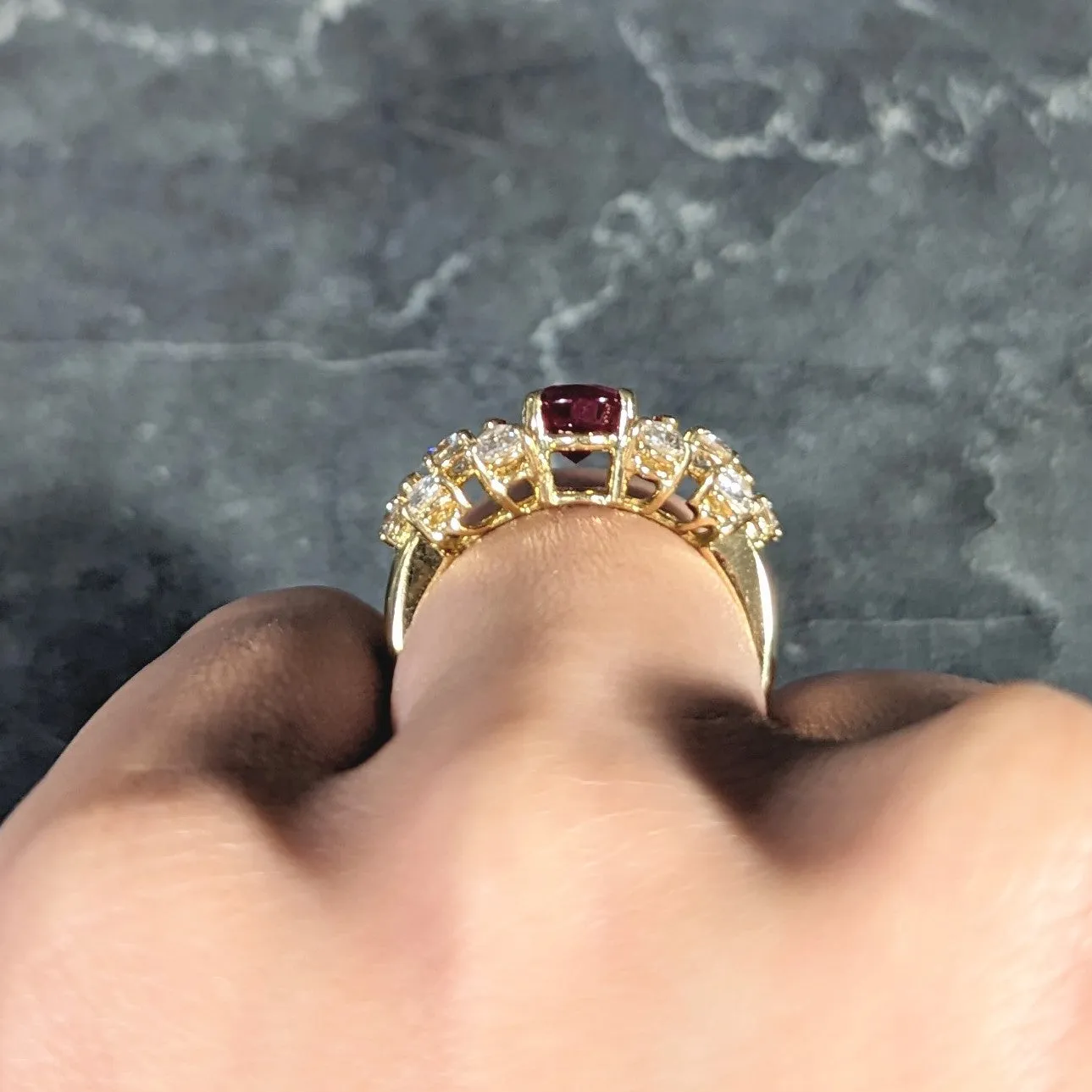 Vintage 2.77 CTW Oval Cut Burma Ruby Pear Cut Diamond 18 Karat Yellow Gold Cluster Ring GIA