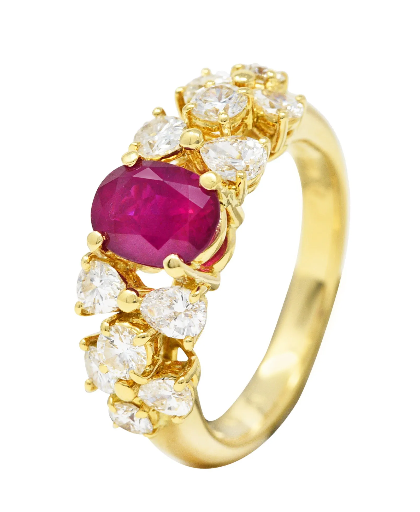 Vintage 2.77 CTW Oval Cut Burma Ruby Pear Cut Diamond 18 Karat Yellow Gold Cluster Ring GIA