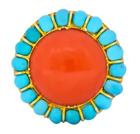 Vintage Coral Turquoise 14 Karat Gold Cluster Ring Circa 1960