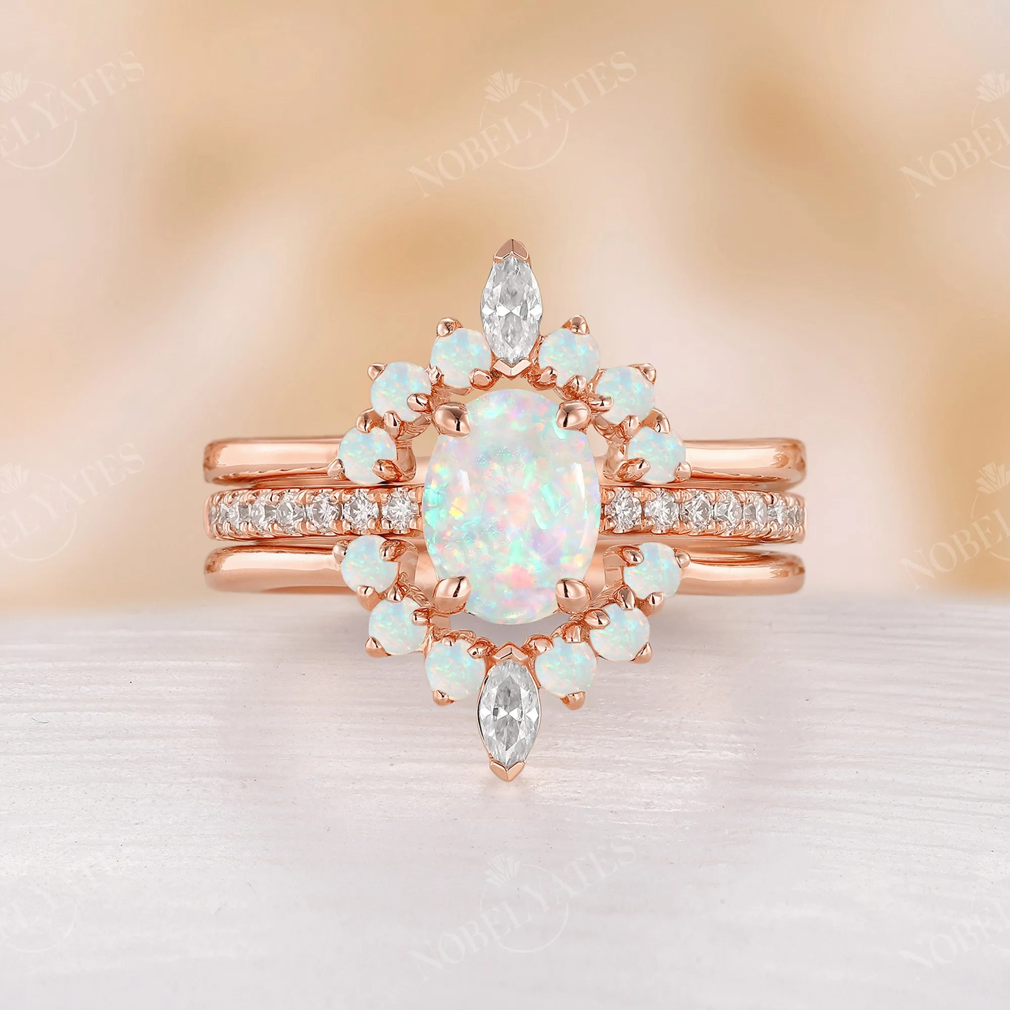 Vintage Oval White Opal Moissanite Pave Bridal Set Rose Gold