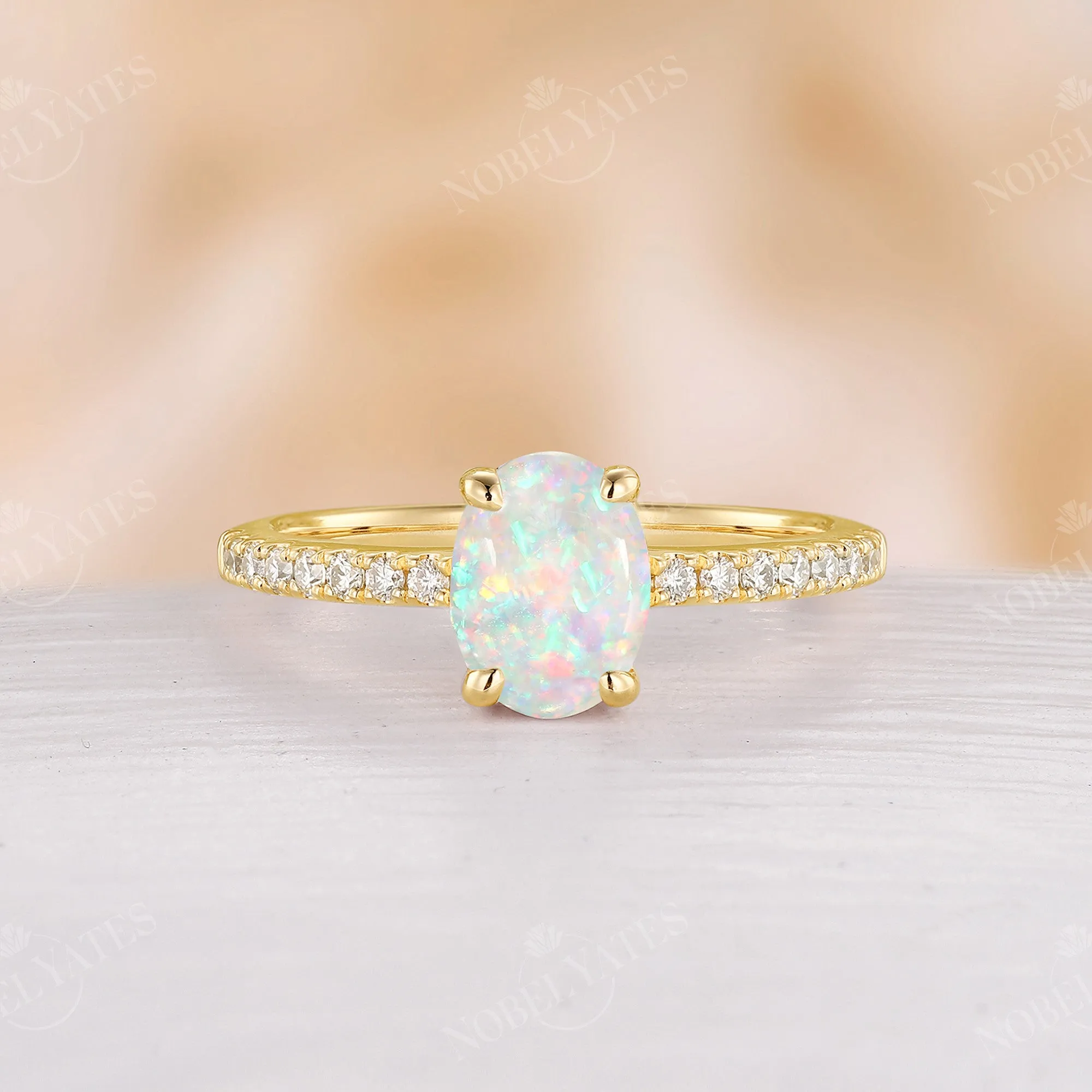 Vintage Oval White Opal Moissanite Pave Bridal Set Rose Gold