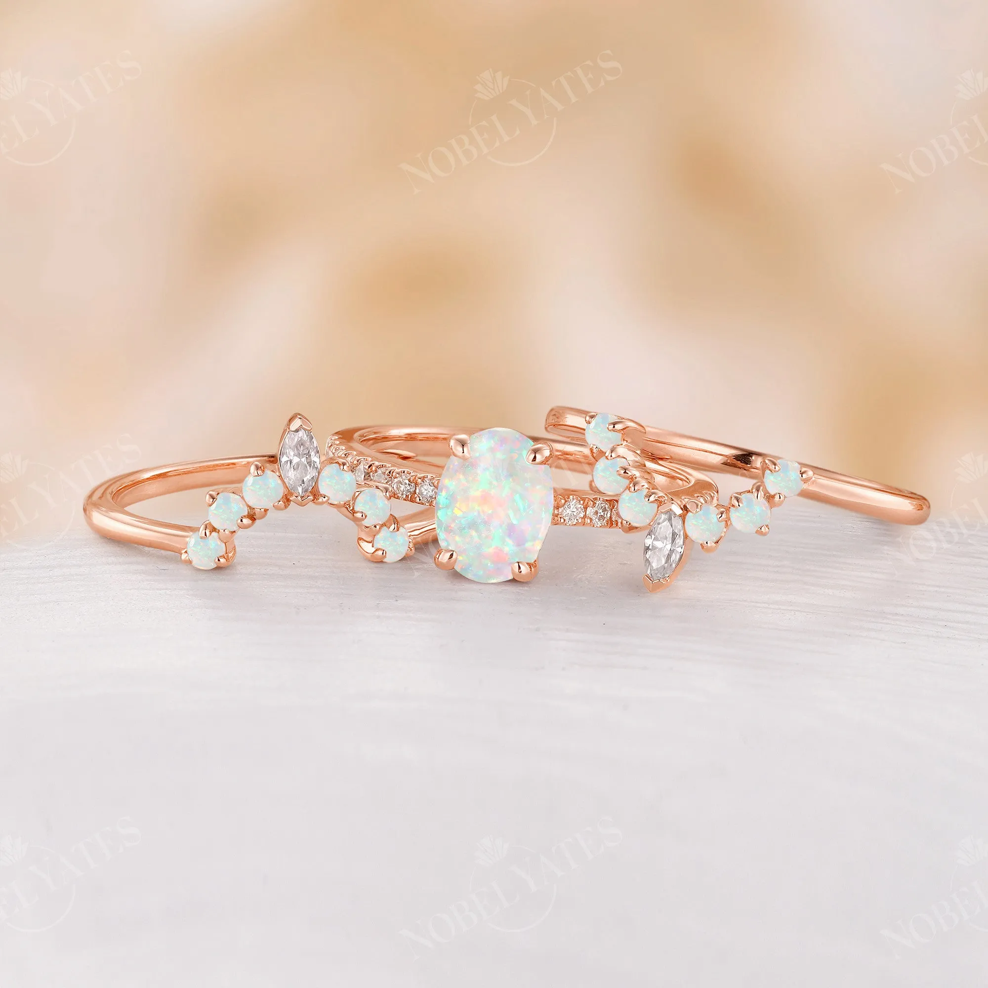 Vintage Oval White Opal Moissanite Pave Bridal Set Rose Gold