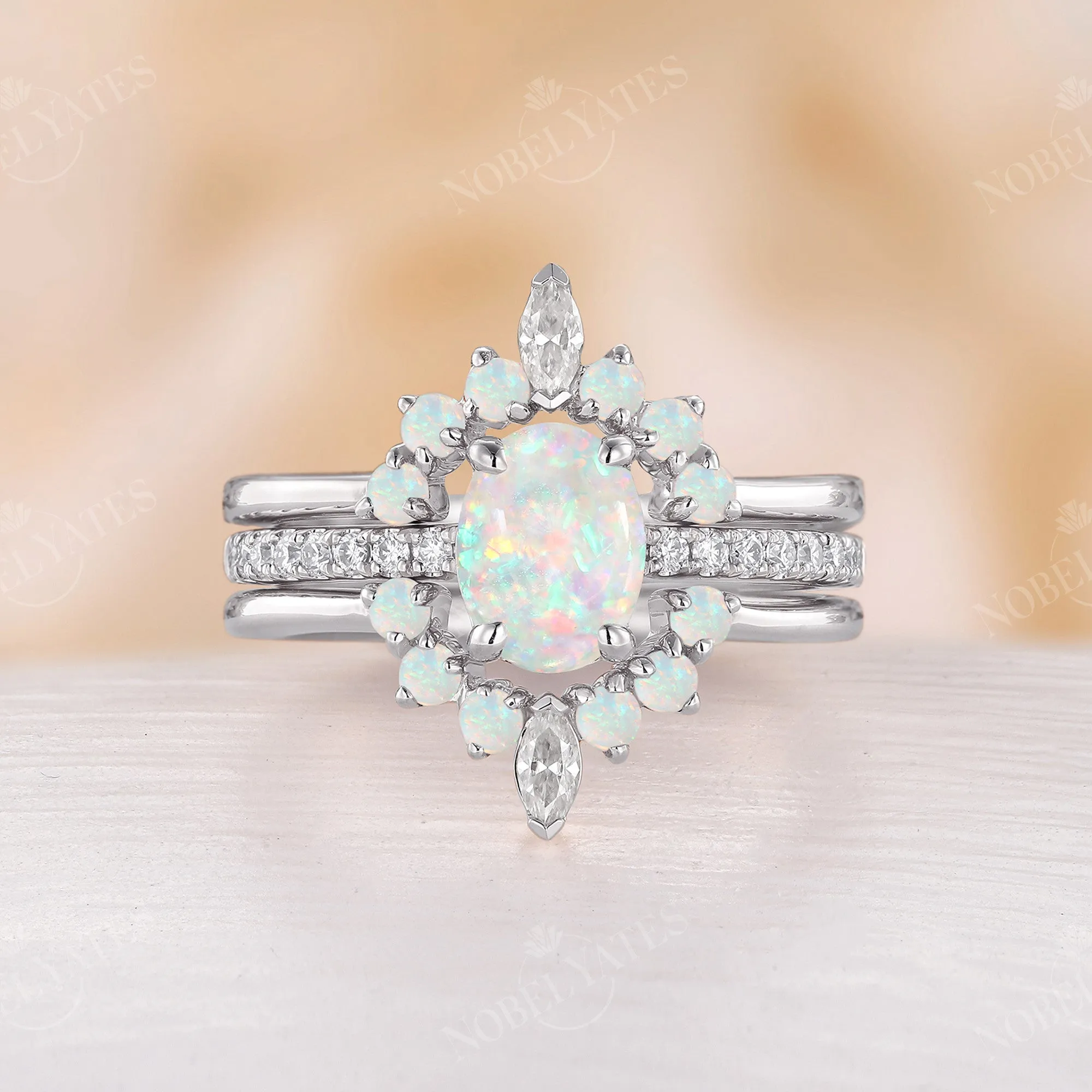 Vintage Oval White Opal Moissanite Pave Bridal Set Rose Gold