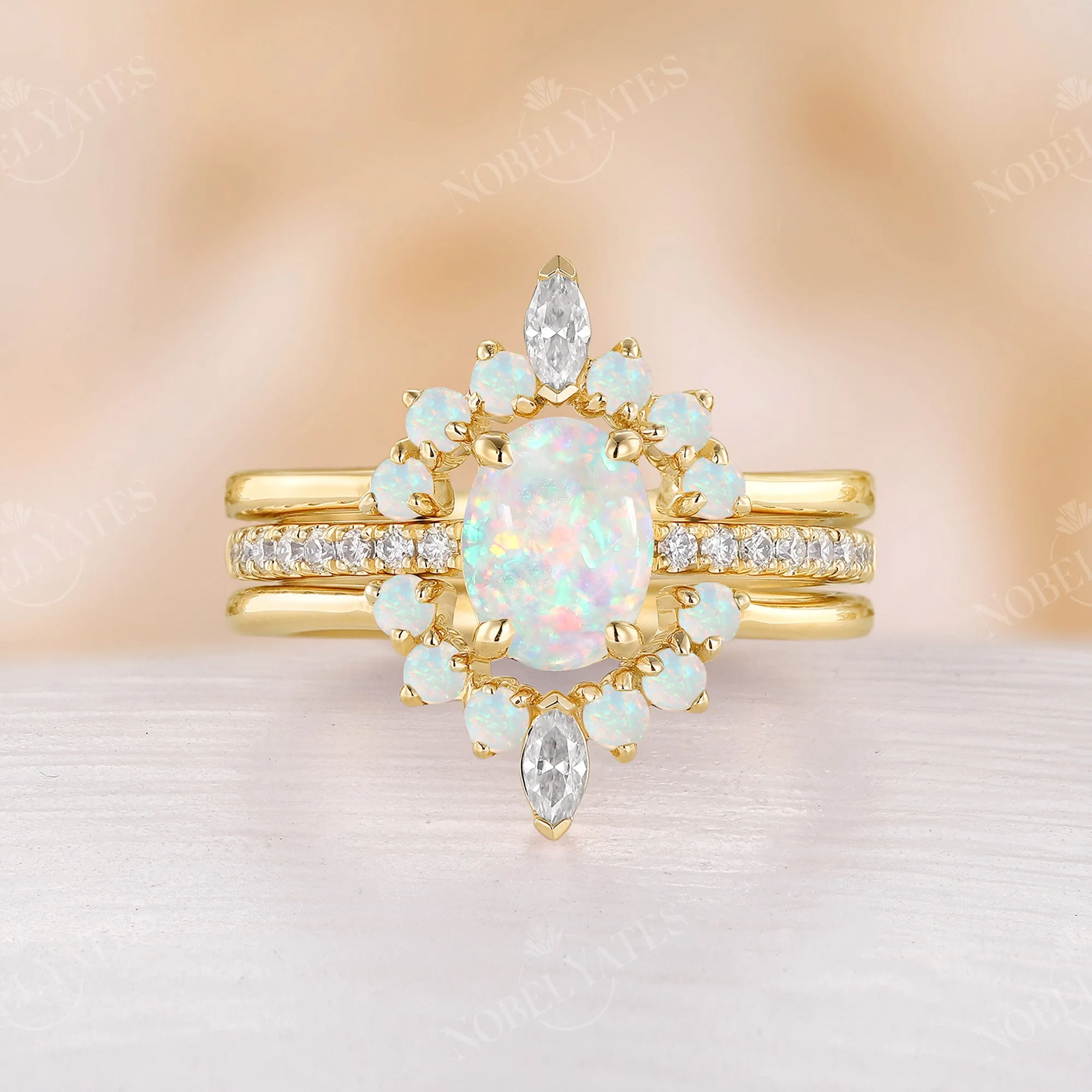 Vintage Oval White Opal Moissanite Pave Bridal Set Rose Gold