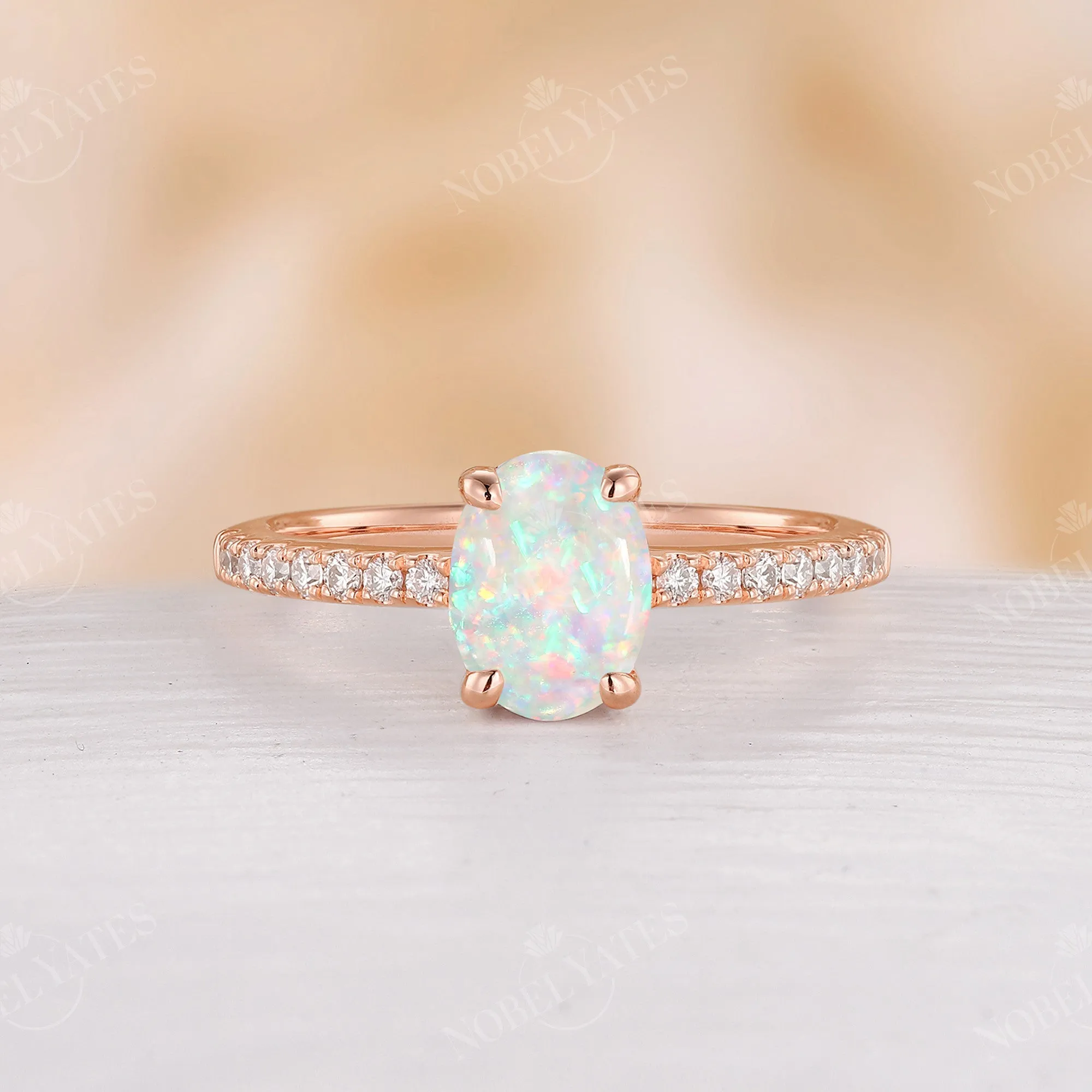 Vintage Oval White Opal Moissanite Pave Bridal Set Rose Gold