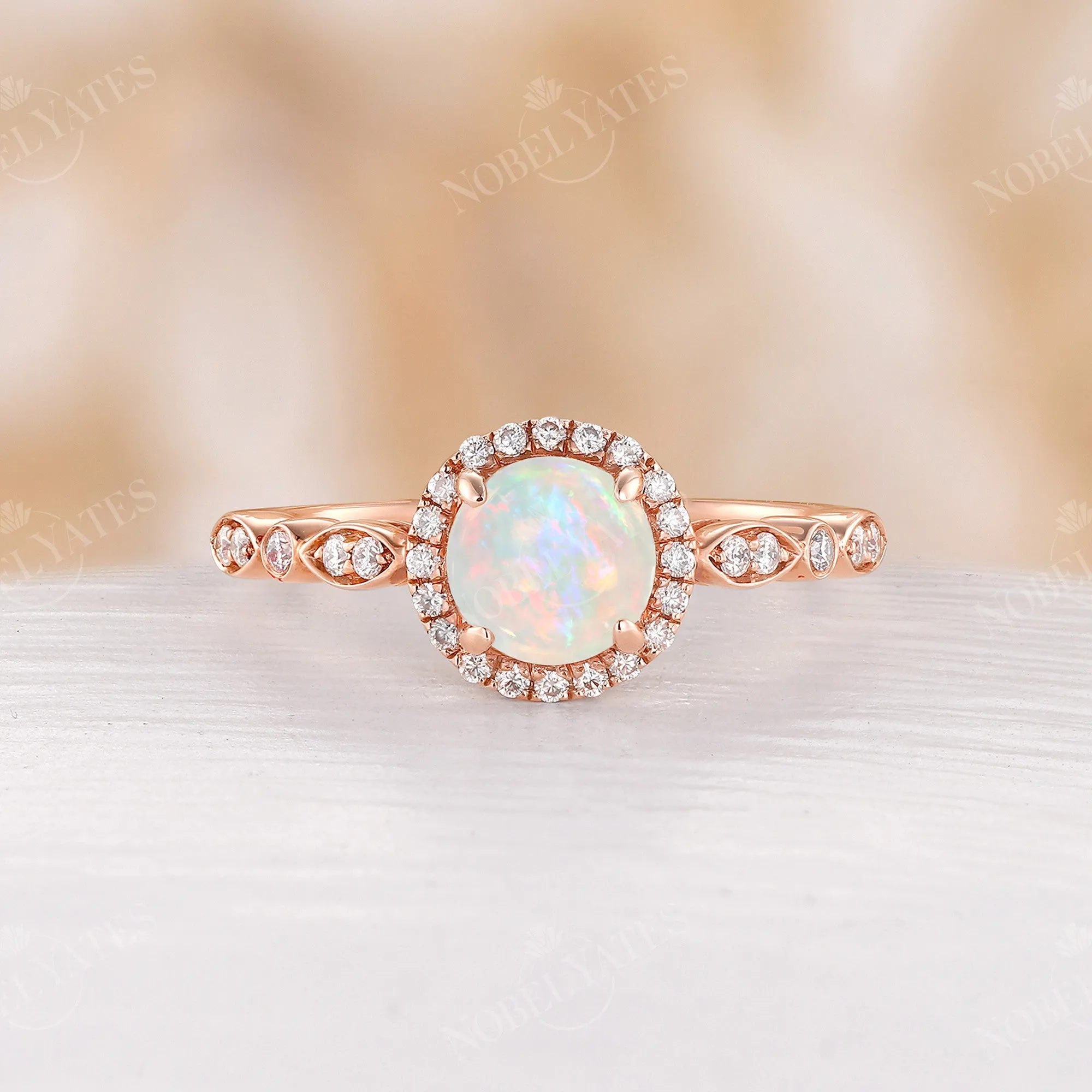 Vintage Round Opal Engagement Ring Halo Diamond Rose Gold