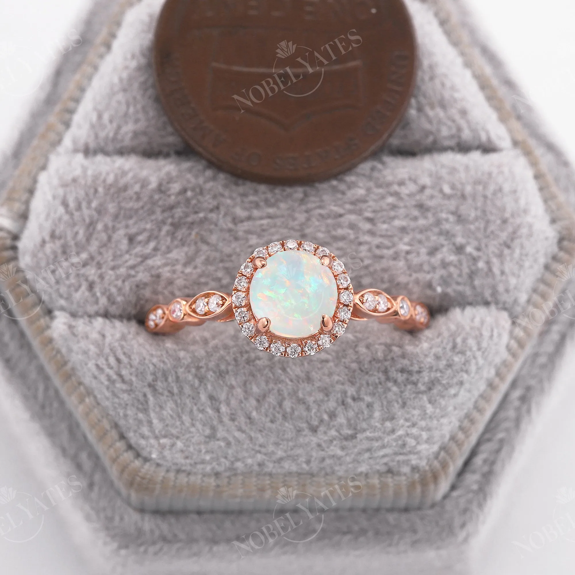 Vintage Round Opal Engagement Ring Halo Diamond Rose Gold