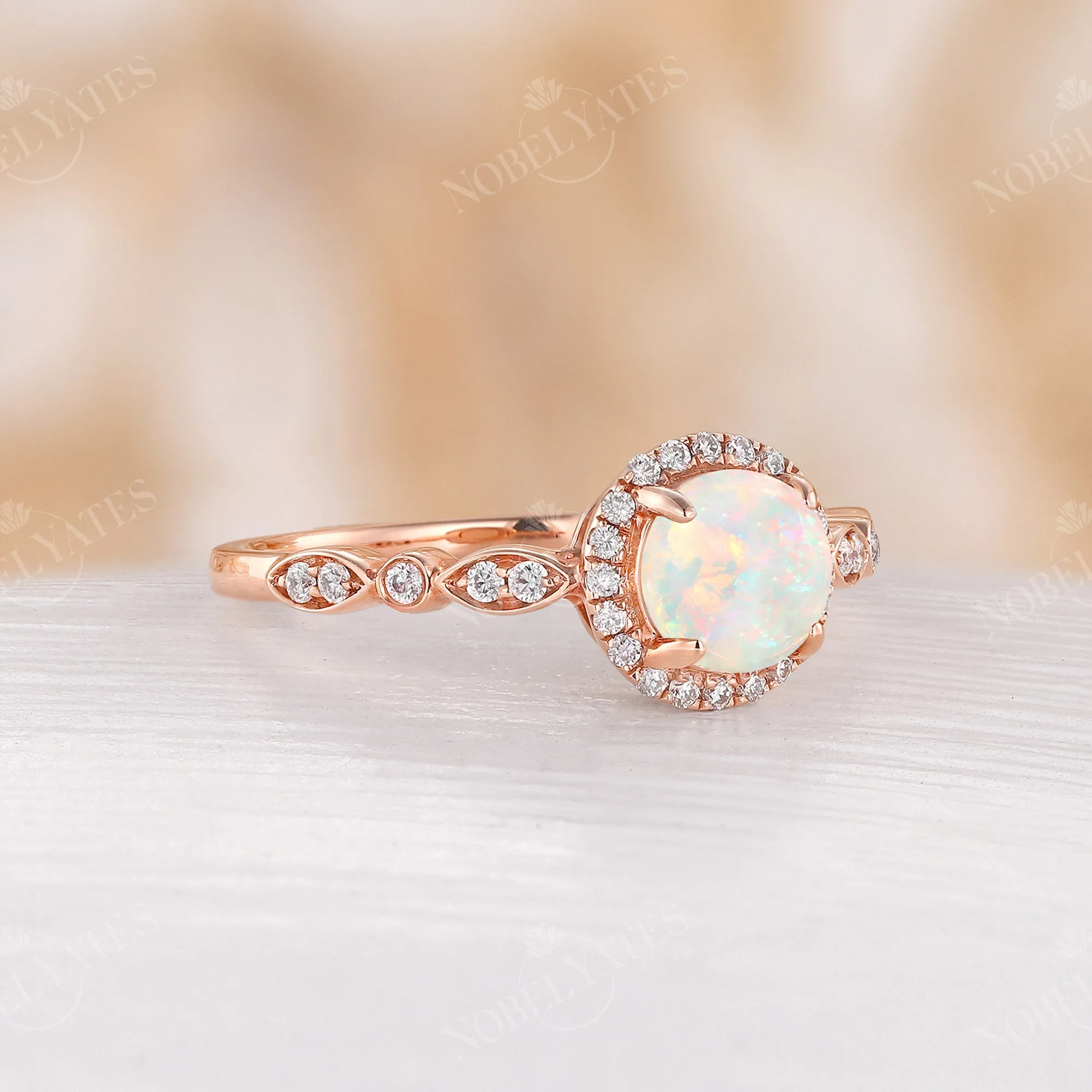 Vintage Round Opal Engagement Ring Halo Diamond Rose Gold