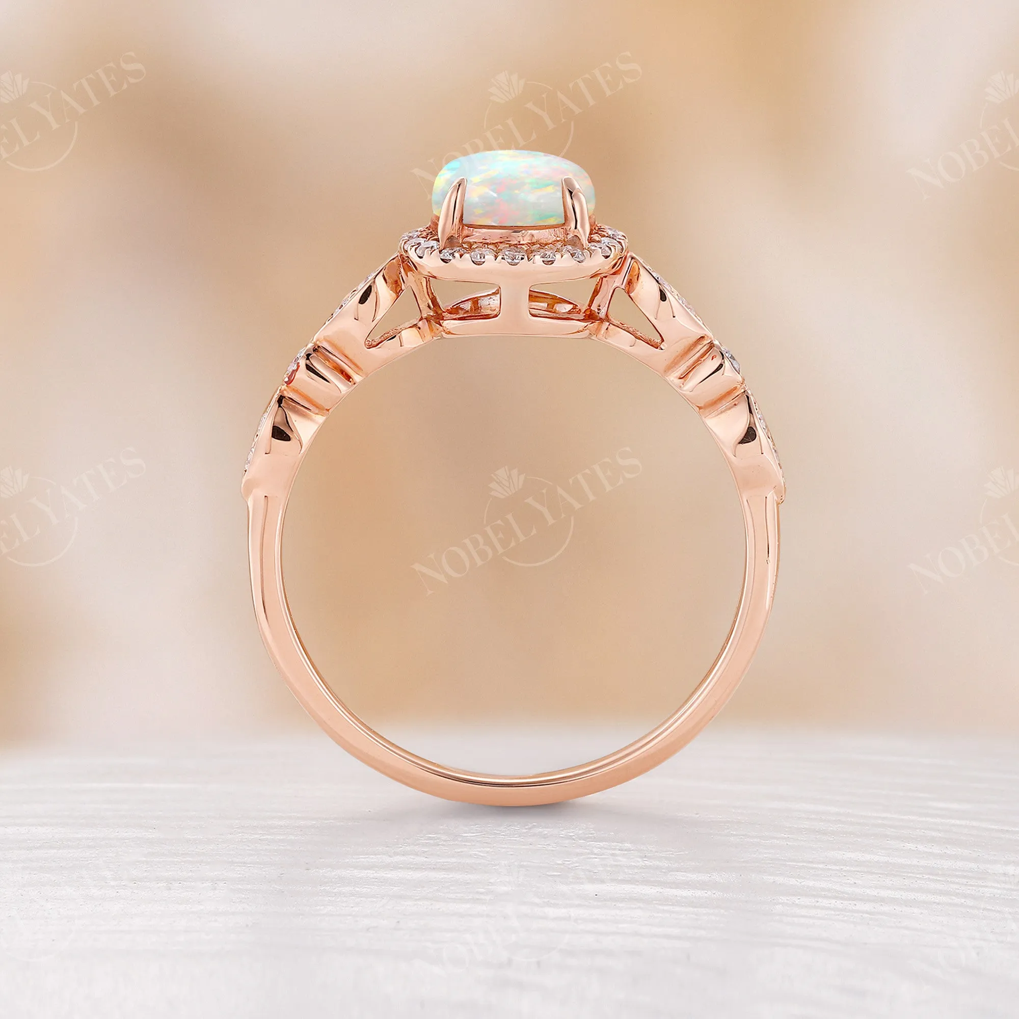 Vintage Round Opal Engagement Ring Halo Diamond Rose Gold