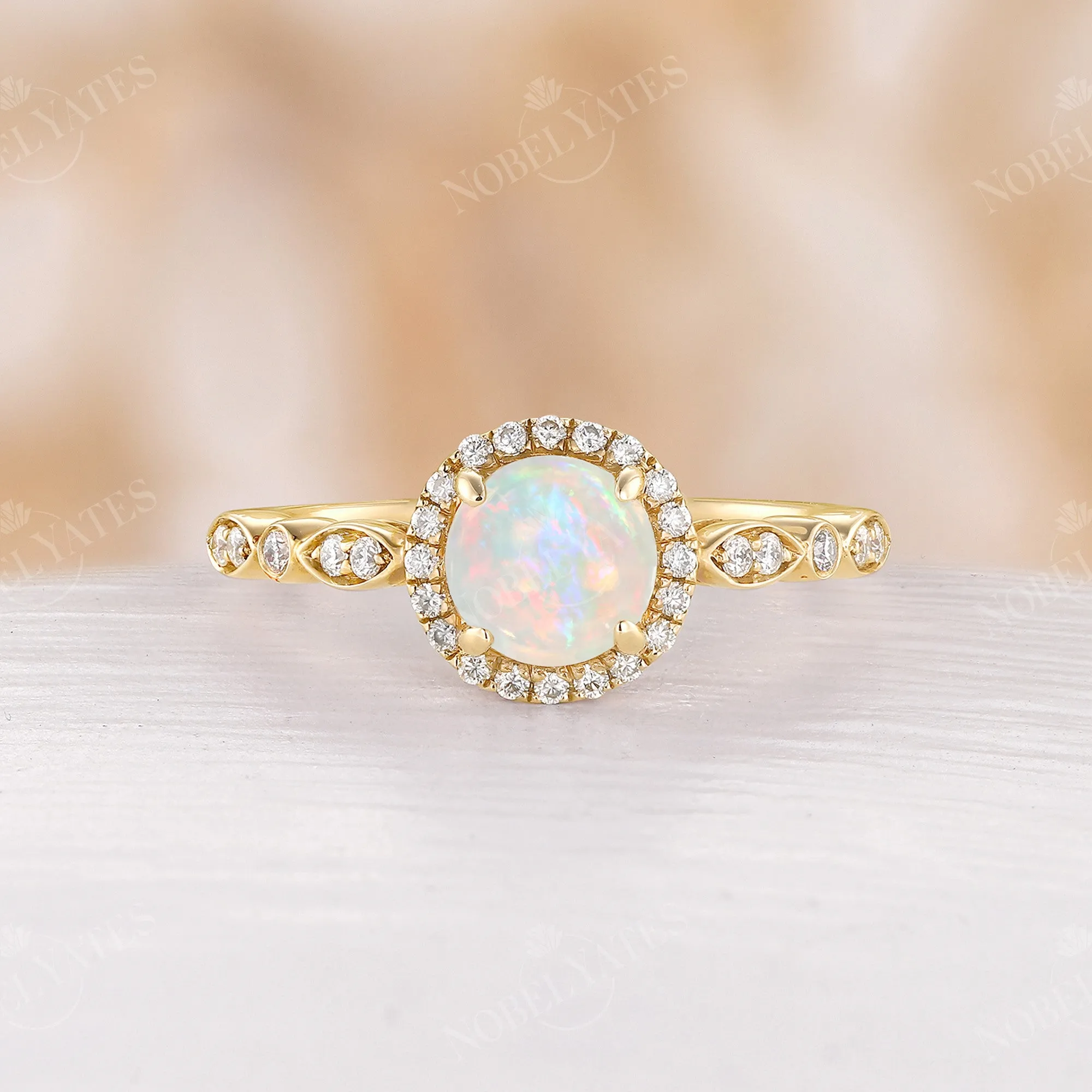 Vintage Round Opal Engagement Ring Halo Diamond Rose Gold