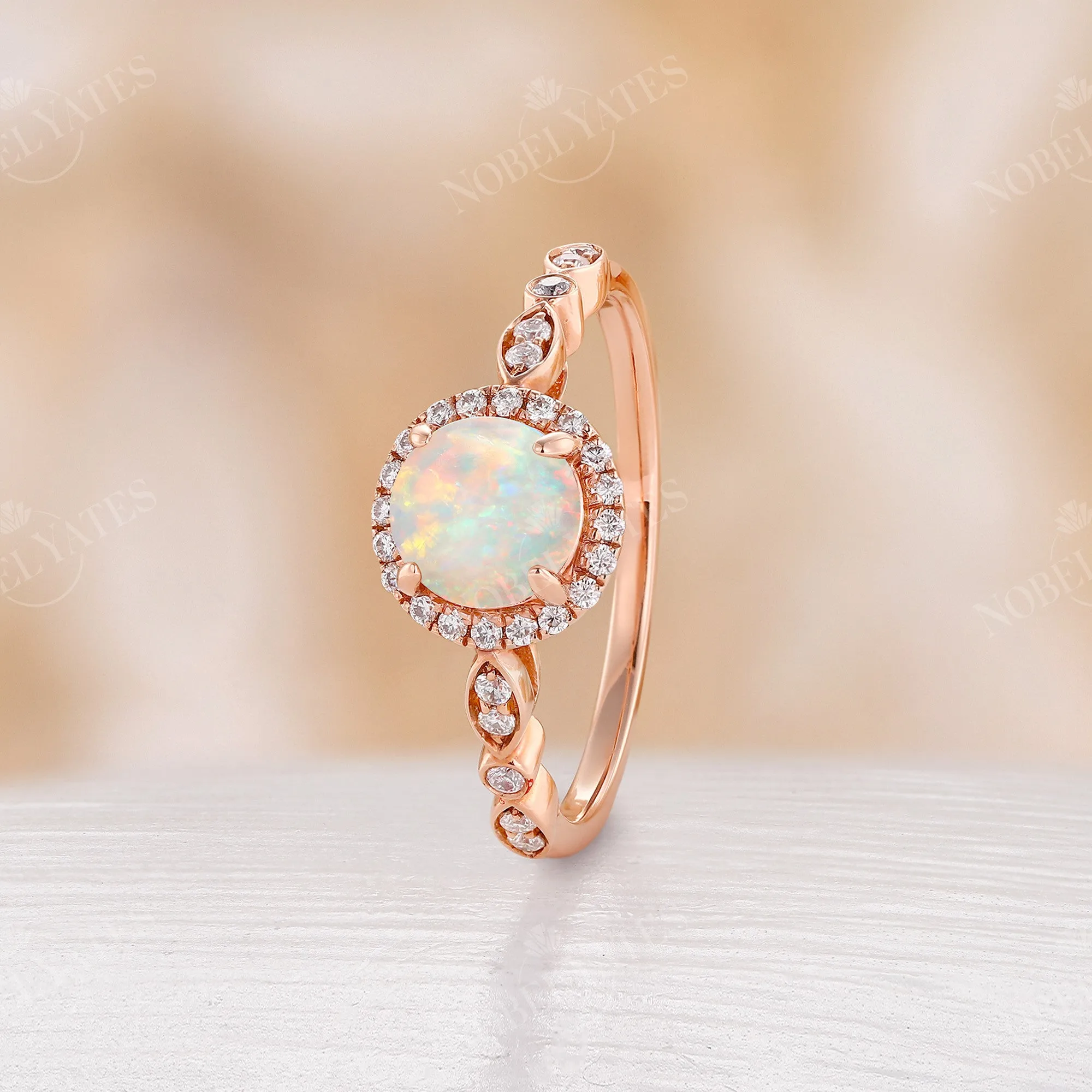 Vintage Round Opal Engagement Ring Halo Diamond Rose Gold