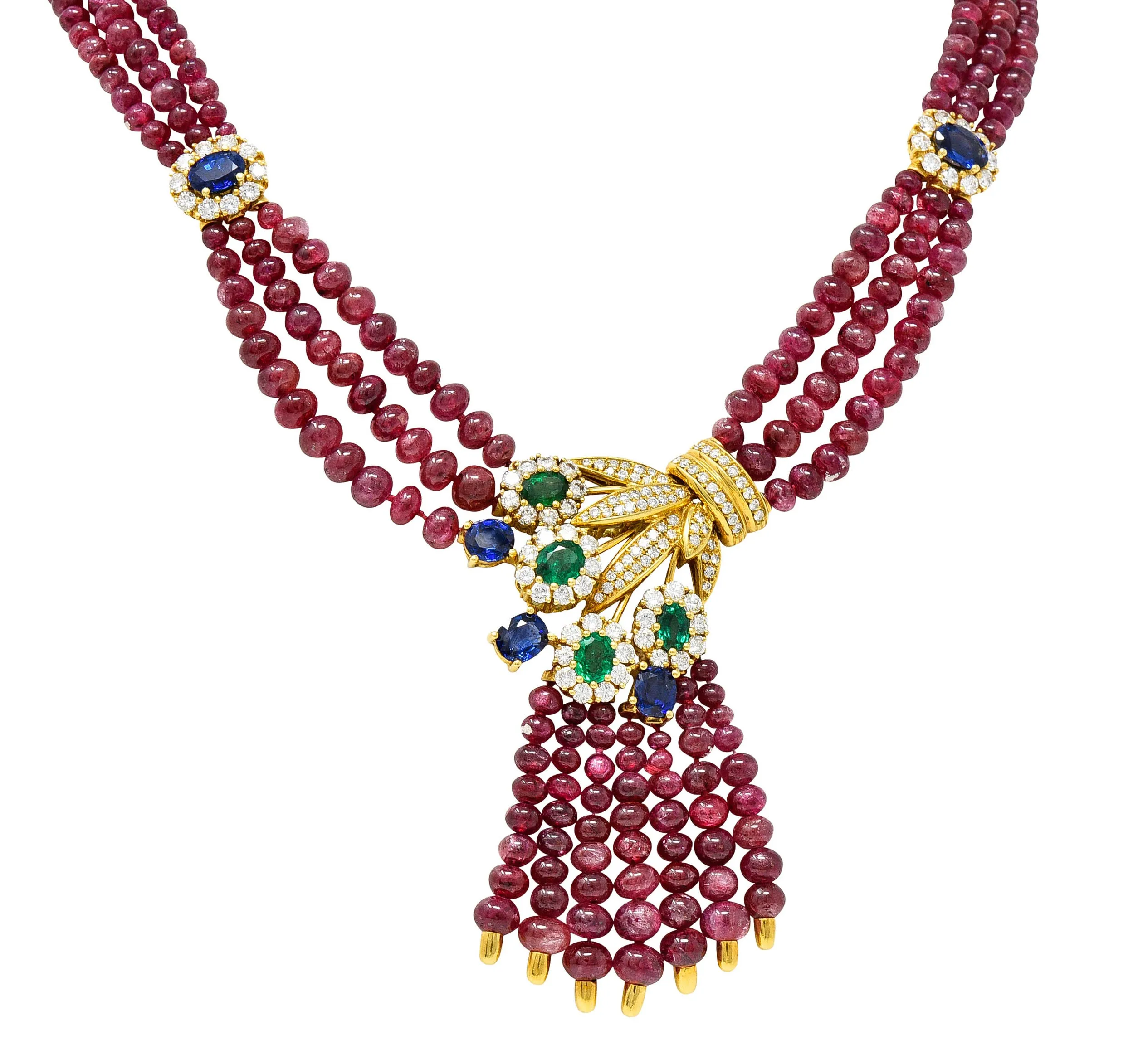 Vintage Ruby Sapphire Emerald Diamond 18 Karat Gold Beaded Swag Necklace