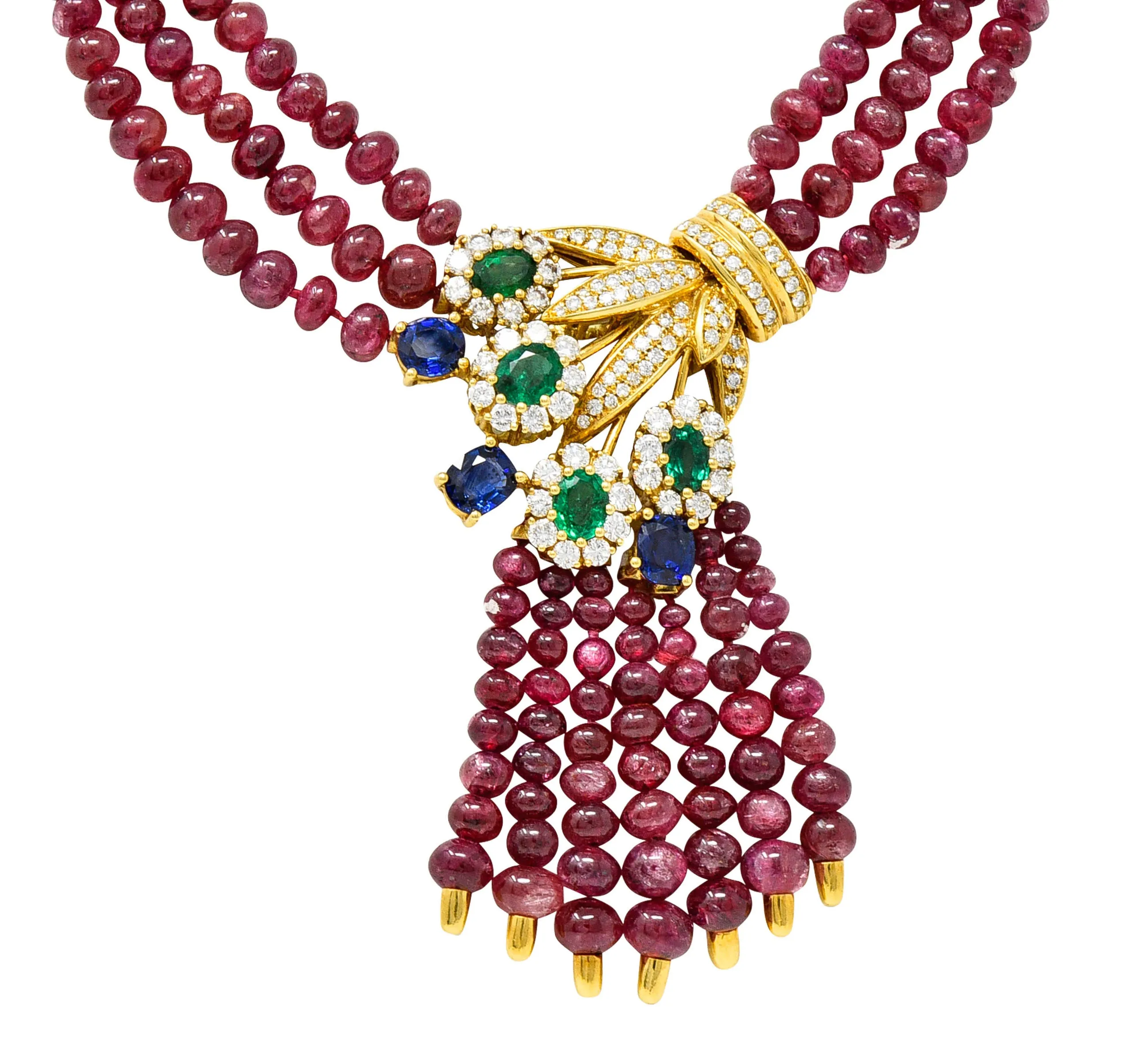 Vintage Ruby Sapphire Emerald Diamond 18 Karat Gold Beaded Swag Necklace