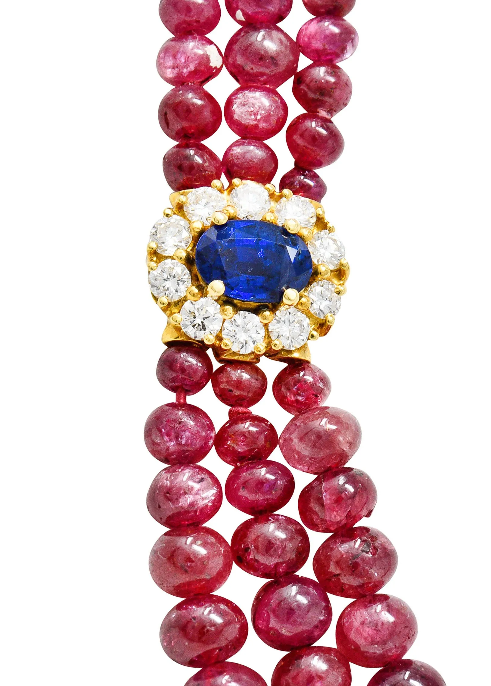 Vintage Ruby Sapphire Emerald Diamond 18 Karat Gold Beaded Swag Necklace