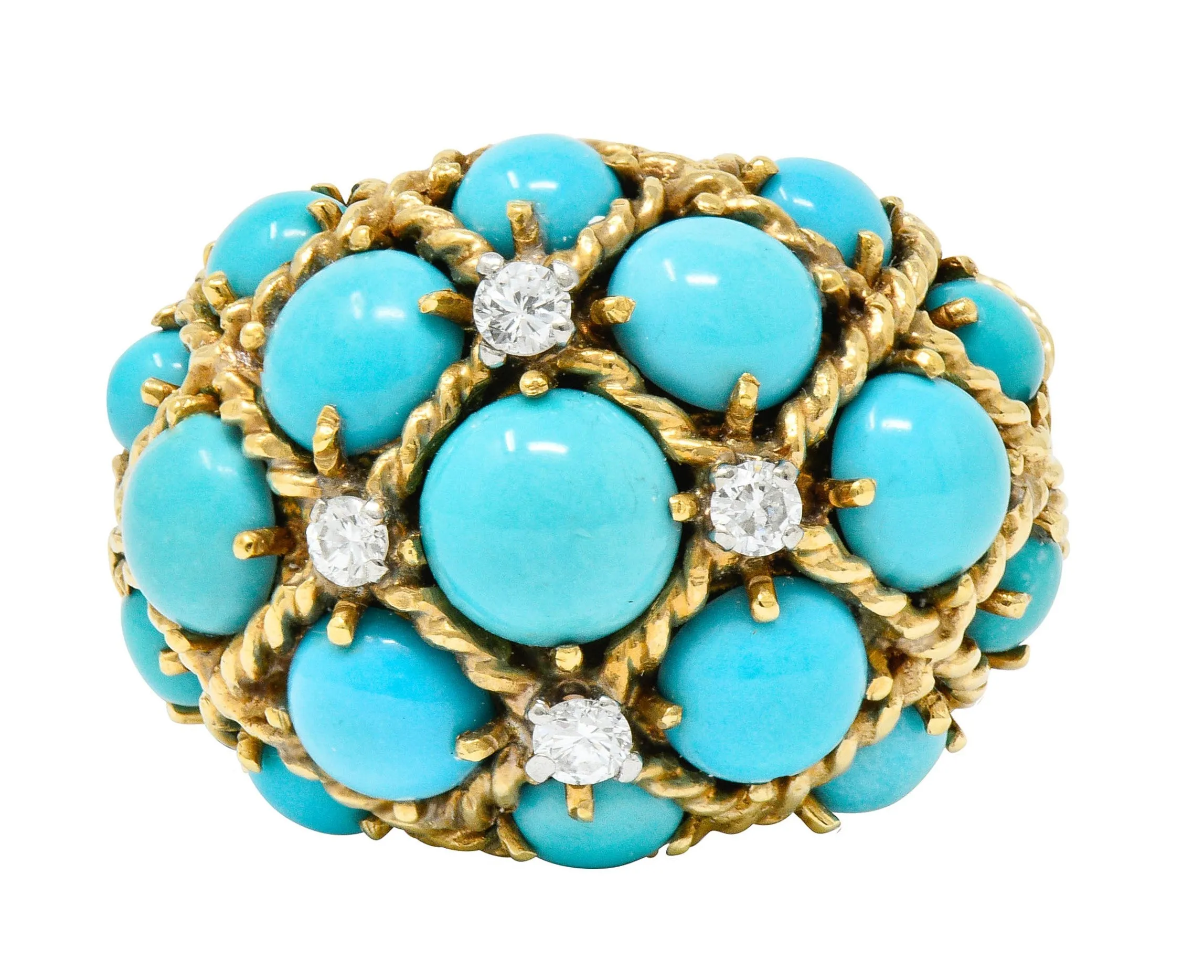 Vintage Turquoise Diamond 14 Karat Gold Cluster Bombe Band Ring