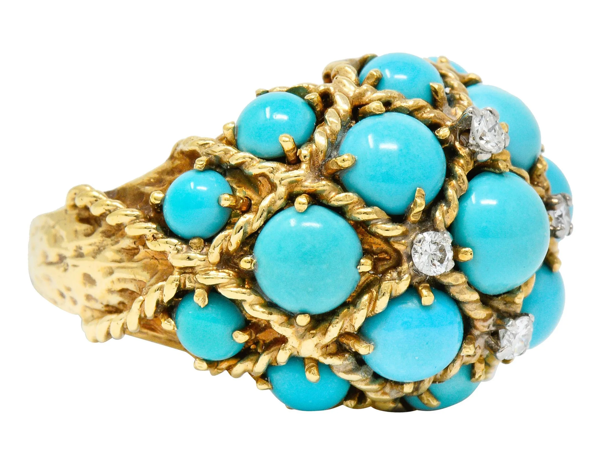 Vintage Turquoise Diamond 14 Karat Gold Cluster Bombe Band Ring