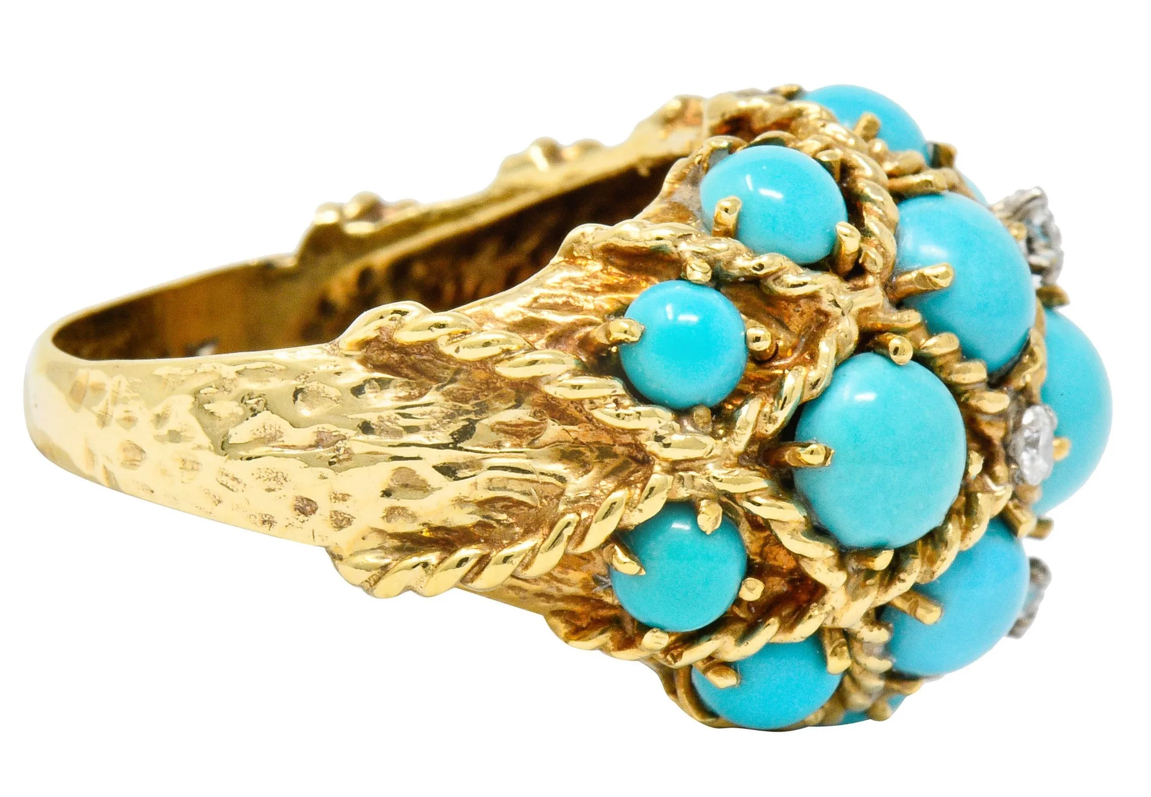 Vintage Turquoise Diamond 14 Karat Gold Cluster Bombe Band Ring