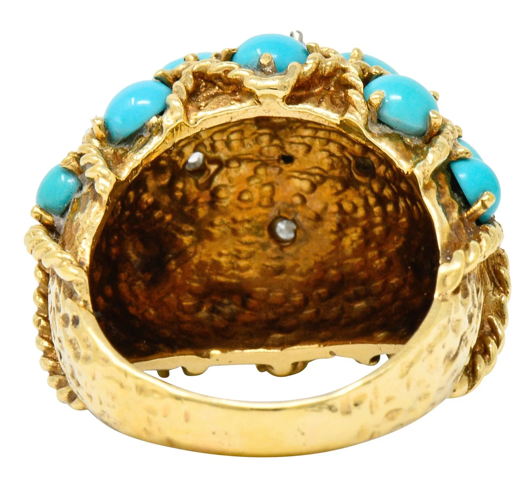 Vintage Turquoise Diamond 14 Karat Gold Cluster Bombe Band Ring