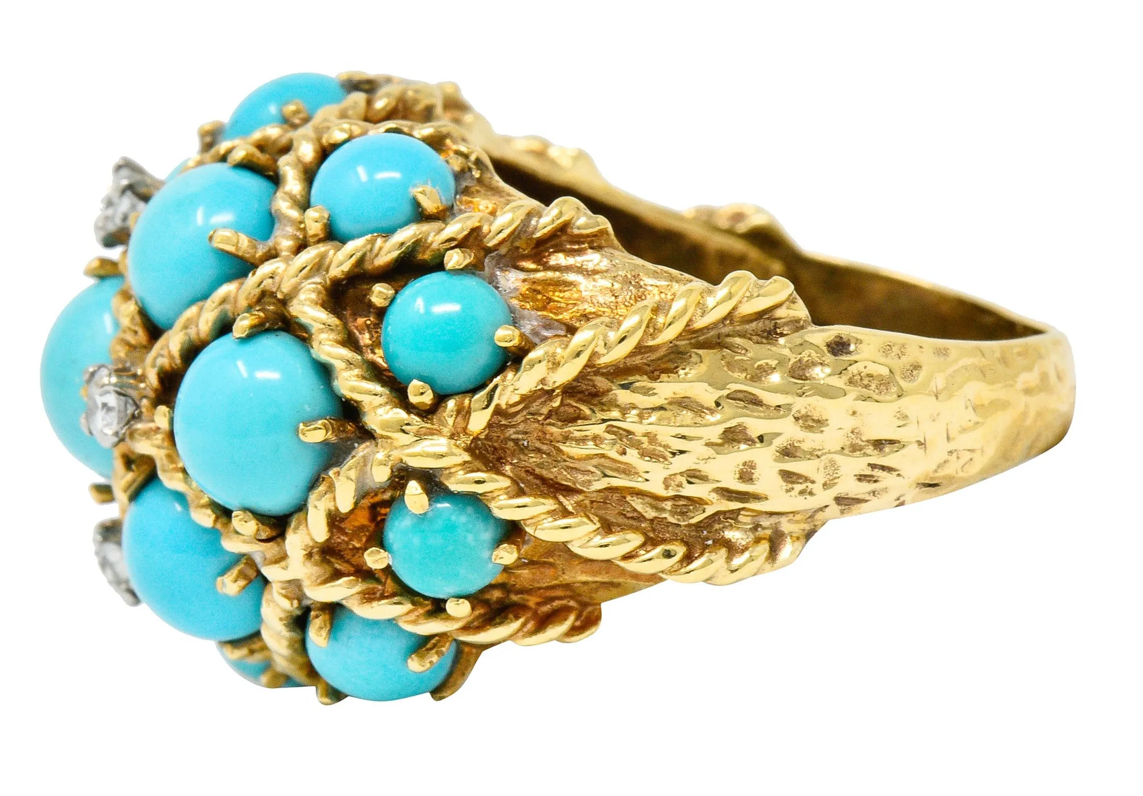 Vintage Turquoise Diamond 14 Karat Gold Cluster Bombe Band Ring