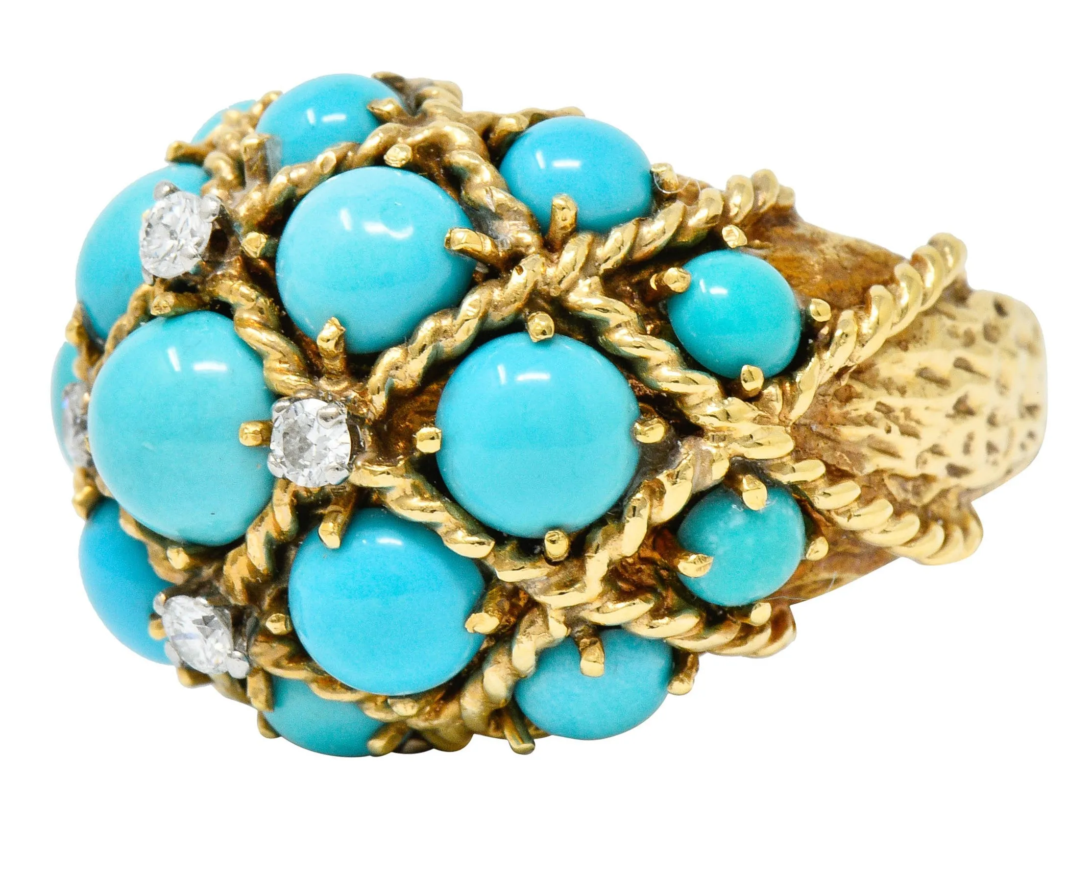 Vintage Turquoise Diamond 14 Karat Gold Cluster Bombe Band Ring