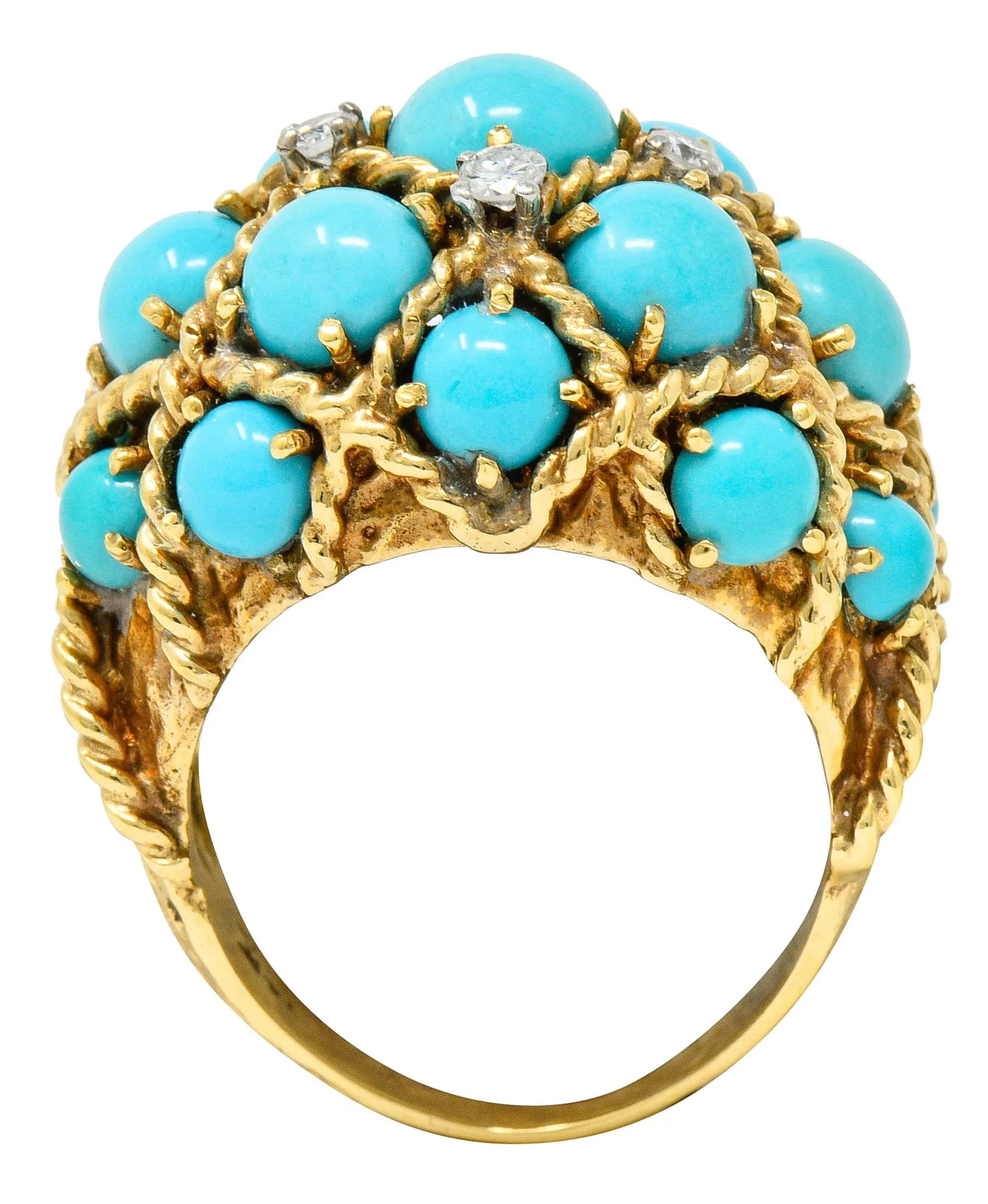 Vintage Turquoise Diamond 14 Karat Gold Cluster Bombe Band Ring