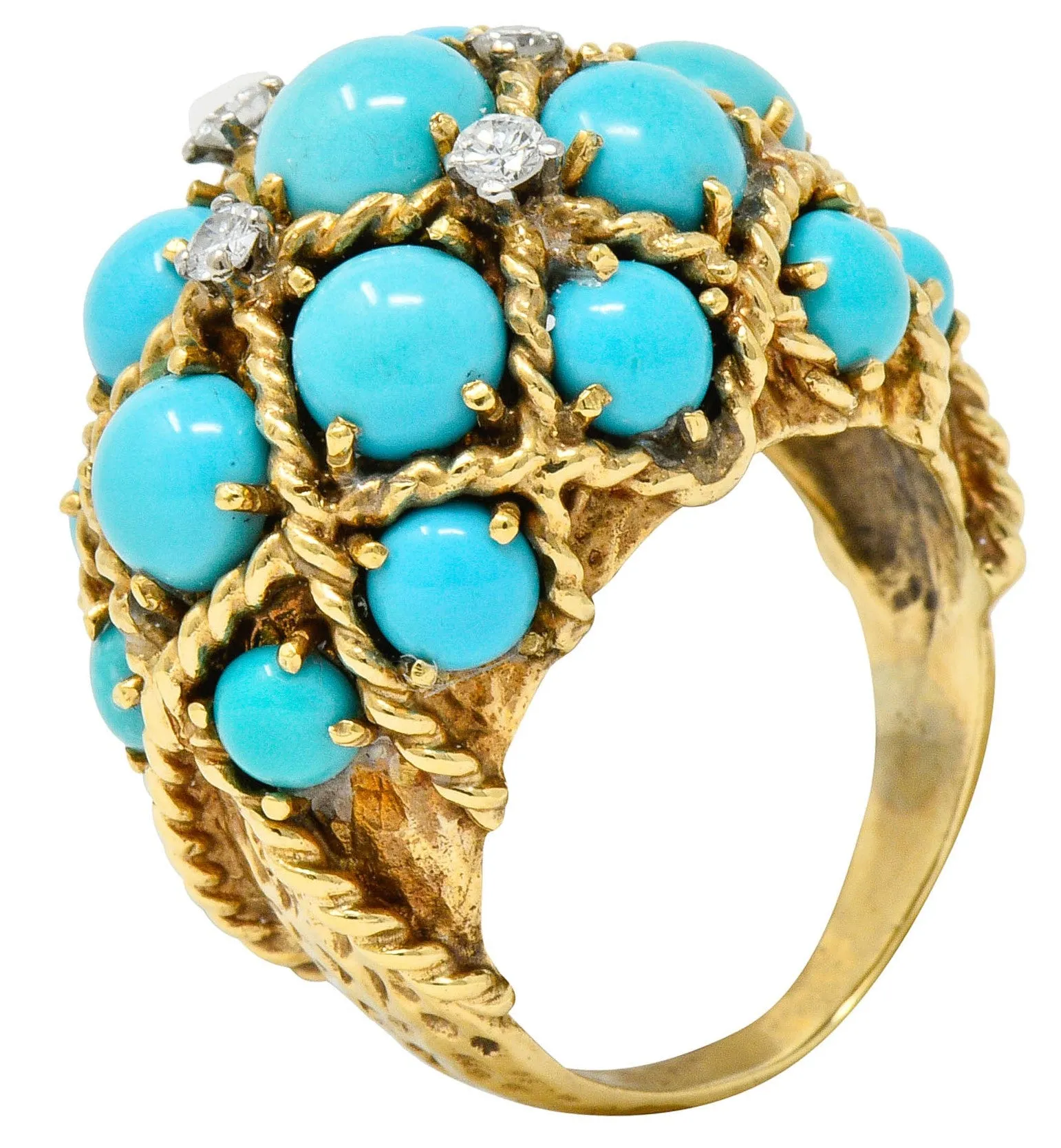 Vintage Turquoise Diamond 14 Karat Gold Cluster Bombe Band Ring