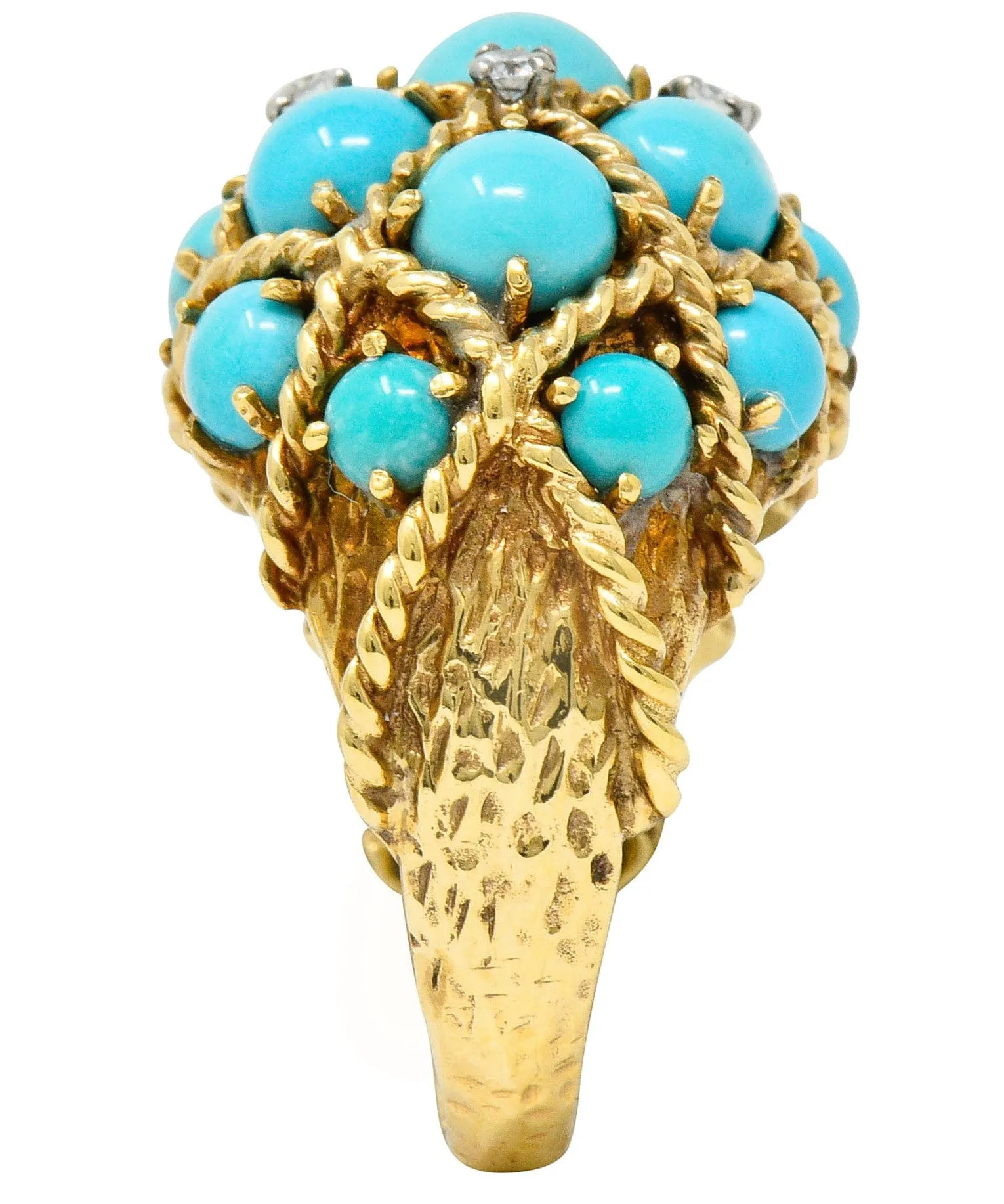 Vintage Turquoise Diamond 14 Karat Gold Cluster Bombe Band Ring