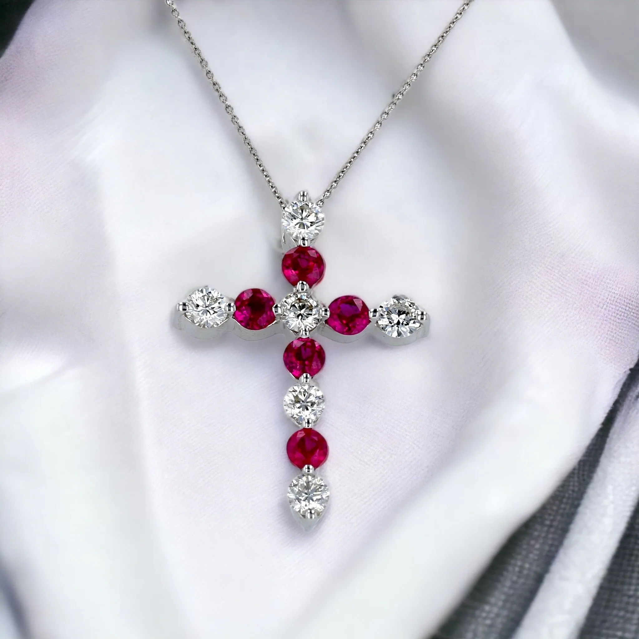 White 14k gold red ruby and diamond cross necklace