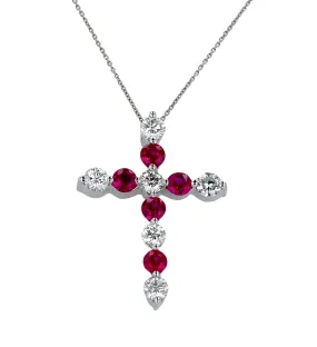 White 14k gold red ruby and diamond cross necklace