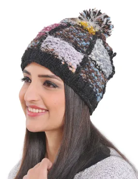 Windowpane Knit Wool & Silk Pom Beanie