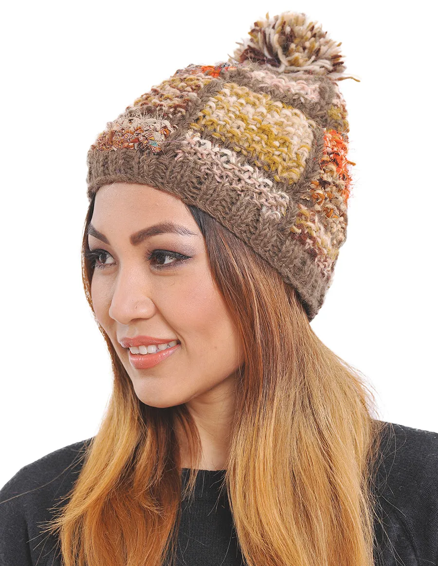 Windowpane Knit Wool & Silk Pom Beanie