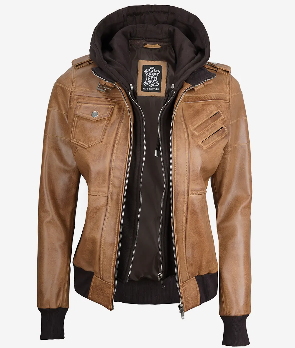 Womens Camel Brown Hooded Bomber Leather Jacket