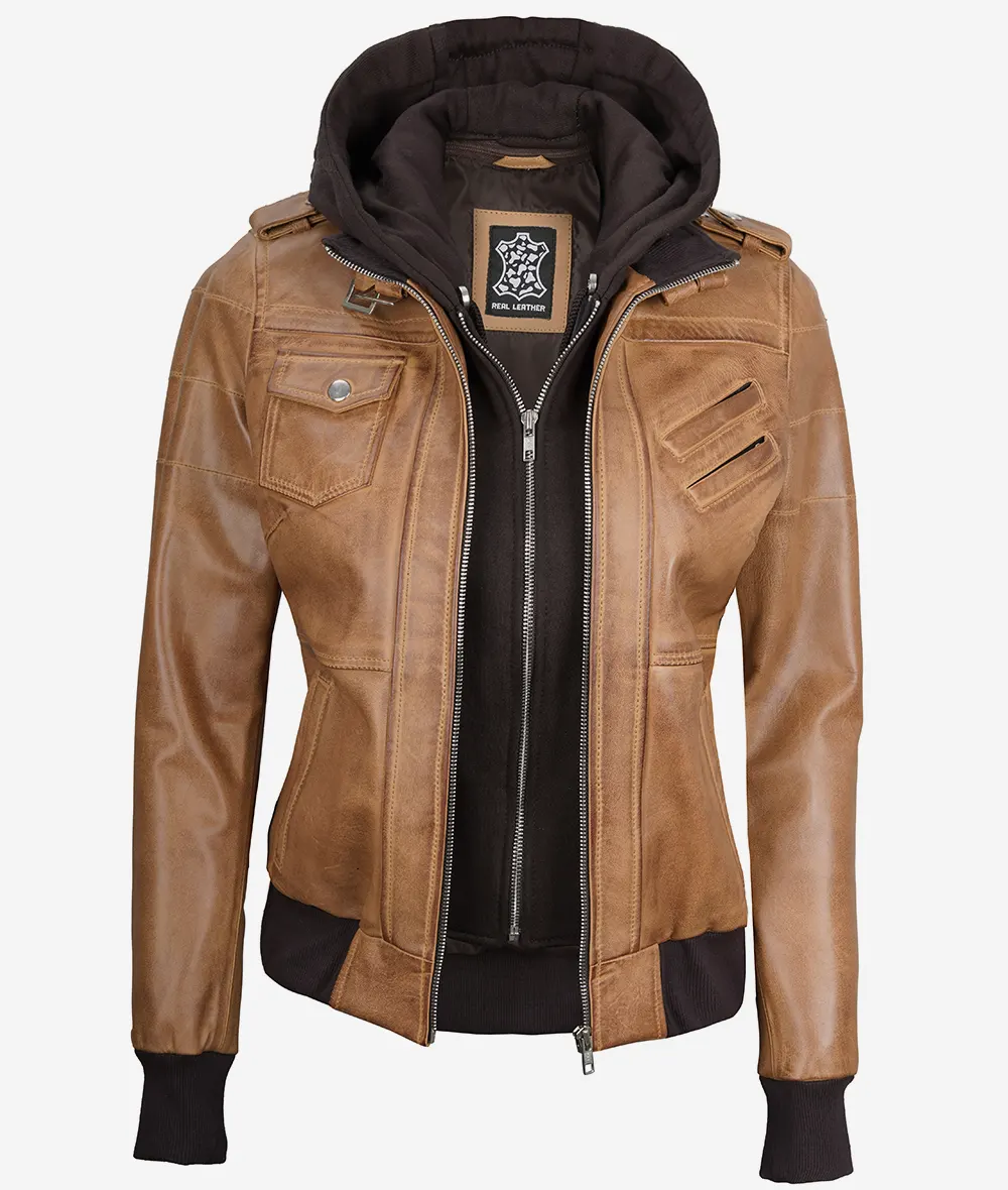 Womens Camel Brown Hooded Bomber Leather Jacket