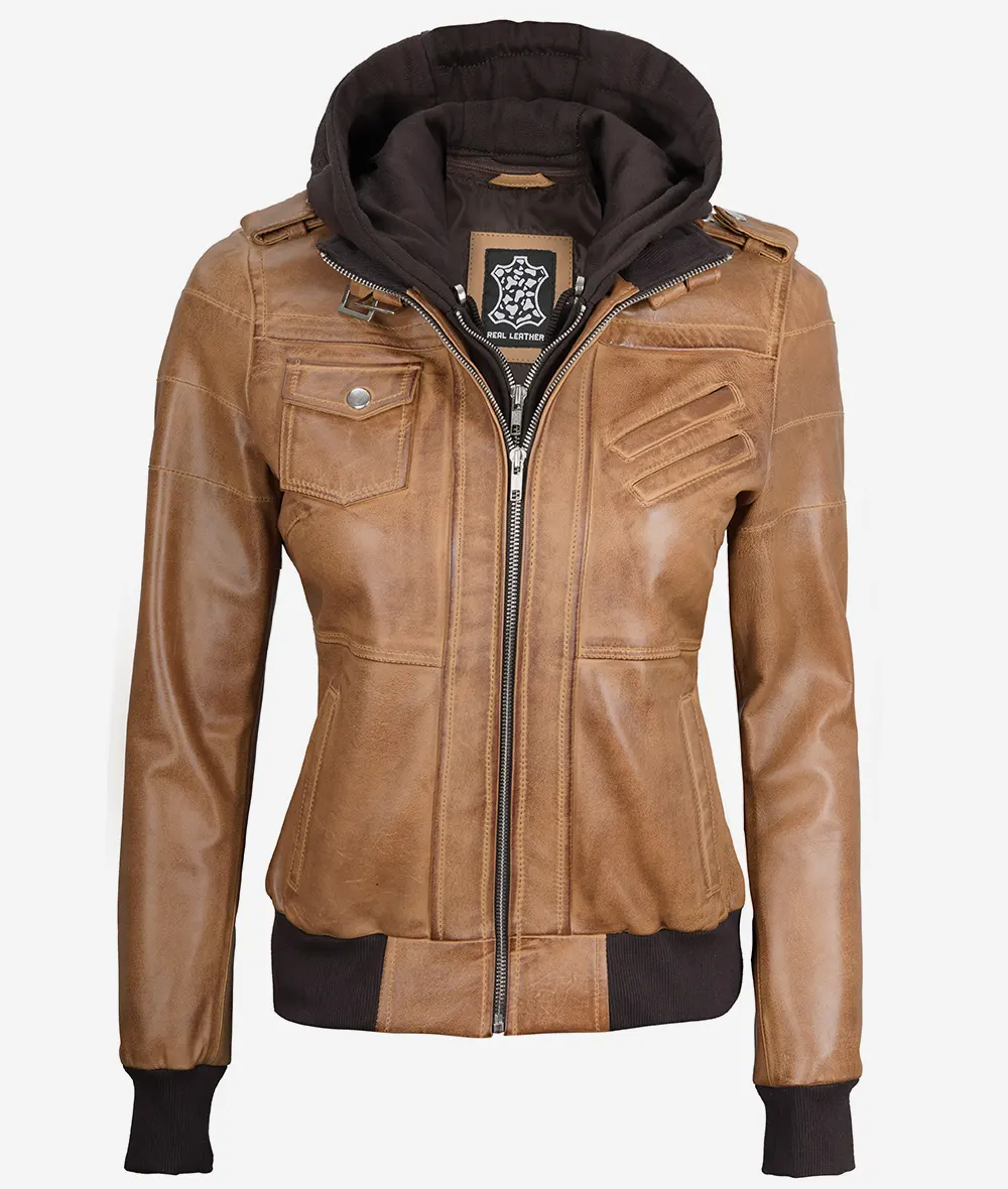 Womens Camel Brown Hooded Bomber Leather Jacket