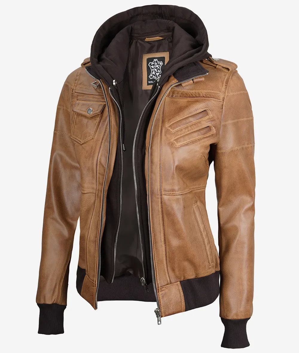 Womens Camel Brown Hooded Bomber Leather Jacket