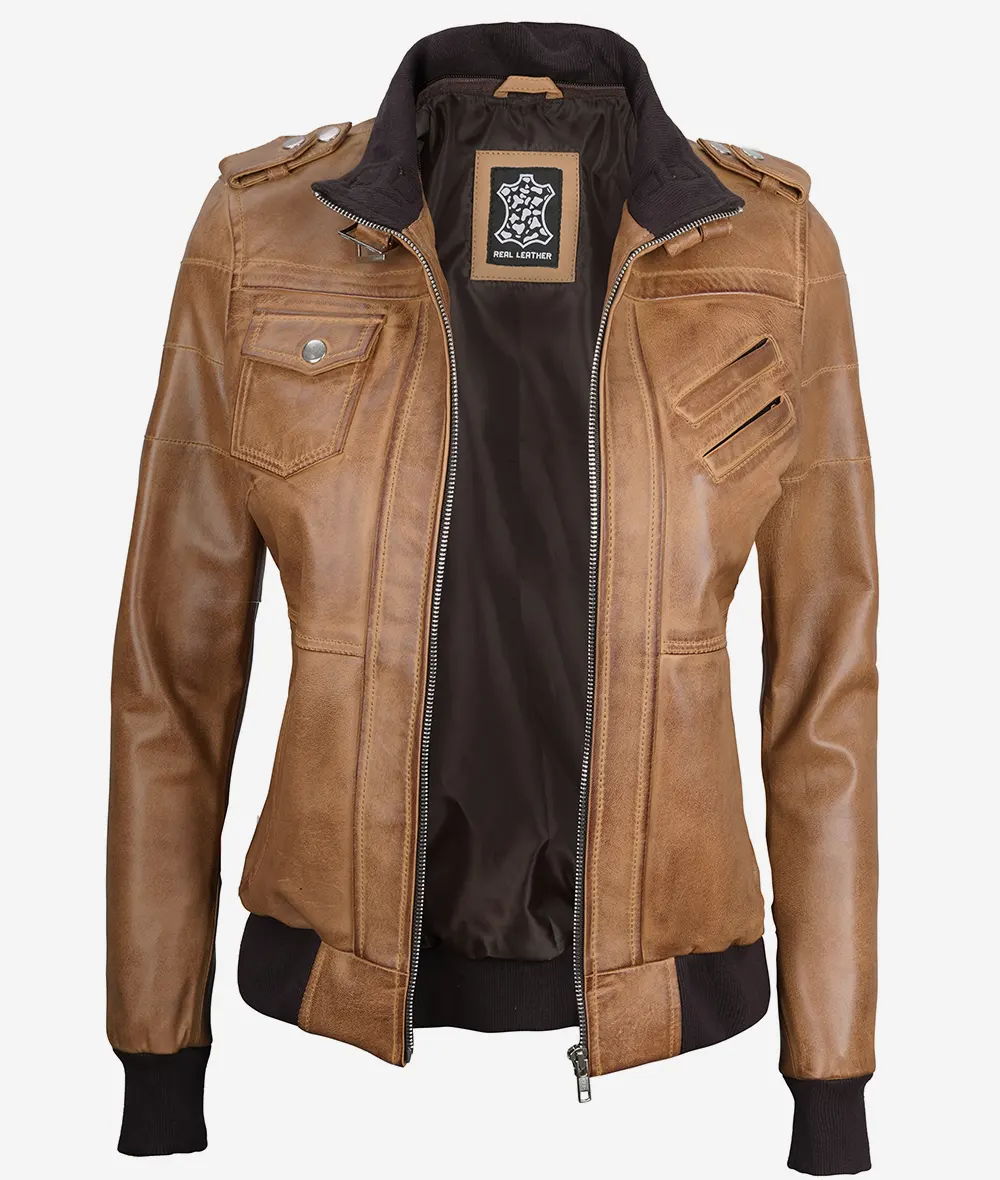 Womens Camel Brown Hooded Bomber Leather Jacket