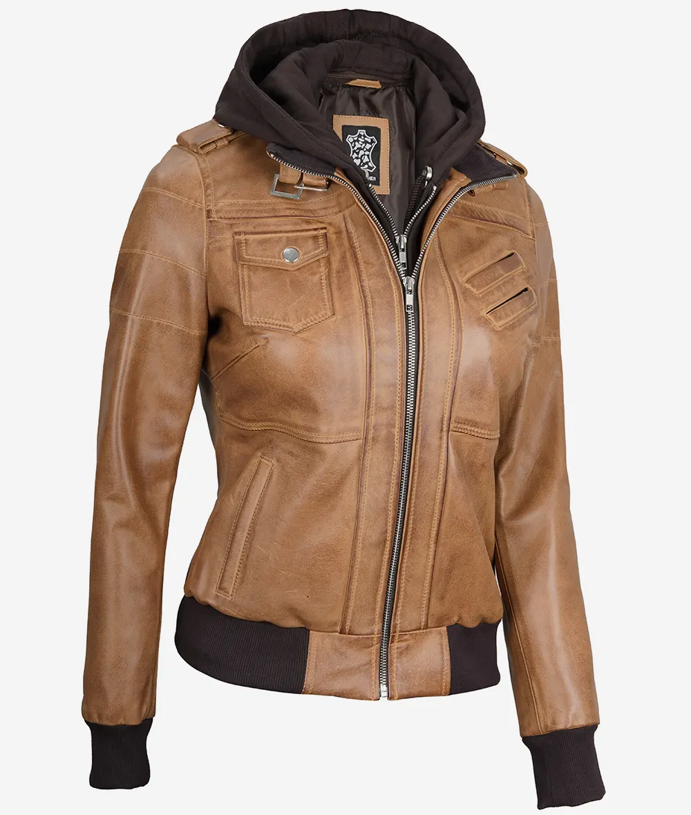 Womens Camel Brown Hooded Bomber Leather Jacket