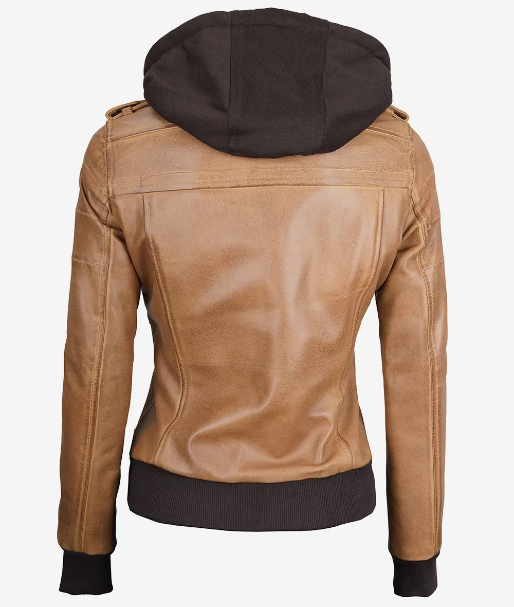 Womens Camel Brown Hooded Bomber Leather Jacket