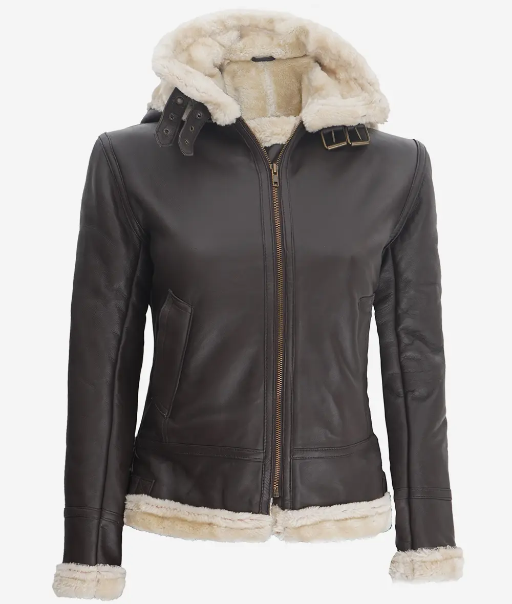 Womens Dark Brown Hooded Shearling Leather Jacket