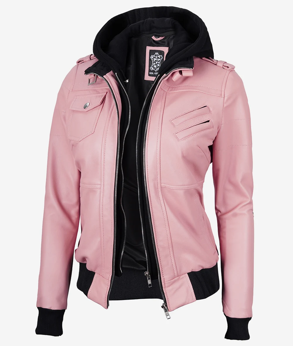 Womens Pink Hooded Bomber Leather Jacket