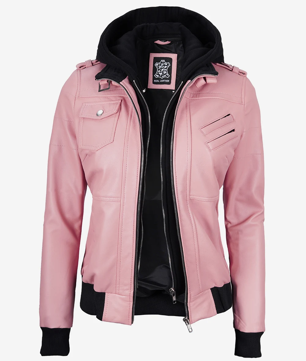 Womens Pink Hooded Bomber Leather Jacket