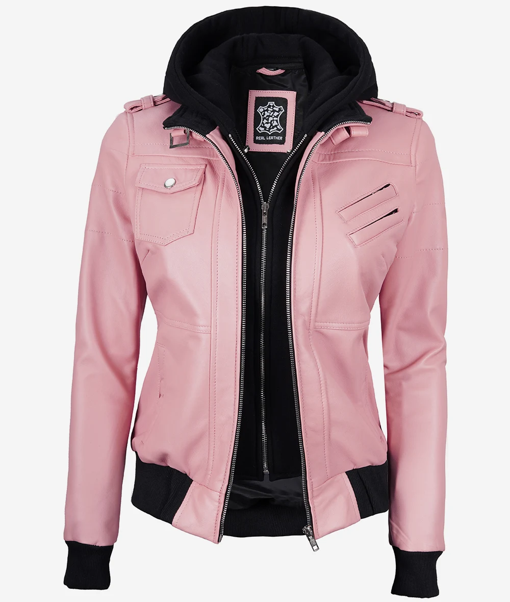 Womens Pink Hooded Bomber Leather Jacket