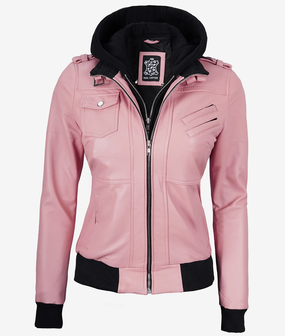 Womens Pink Hooded Bomber Leather Jacket