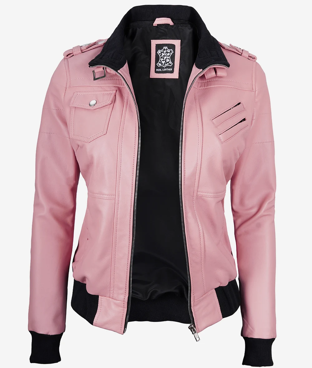 Womens Pink Hooded Bomber Leather Jacket