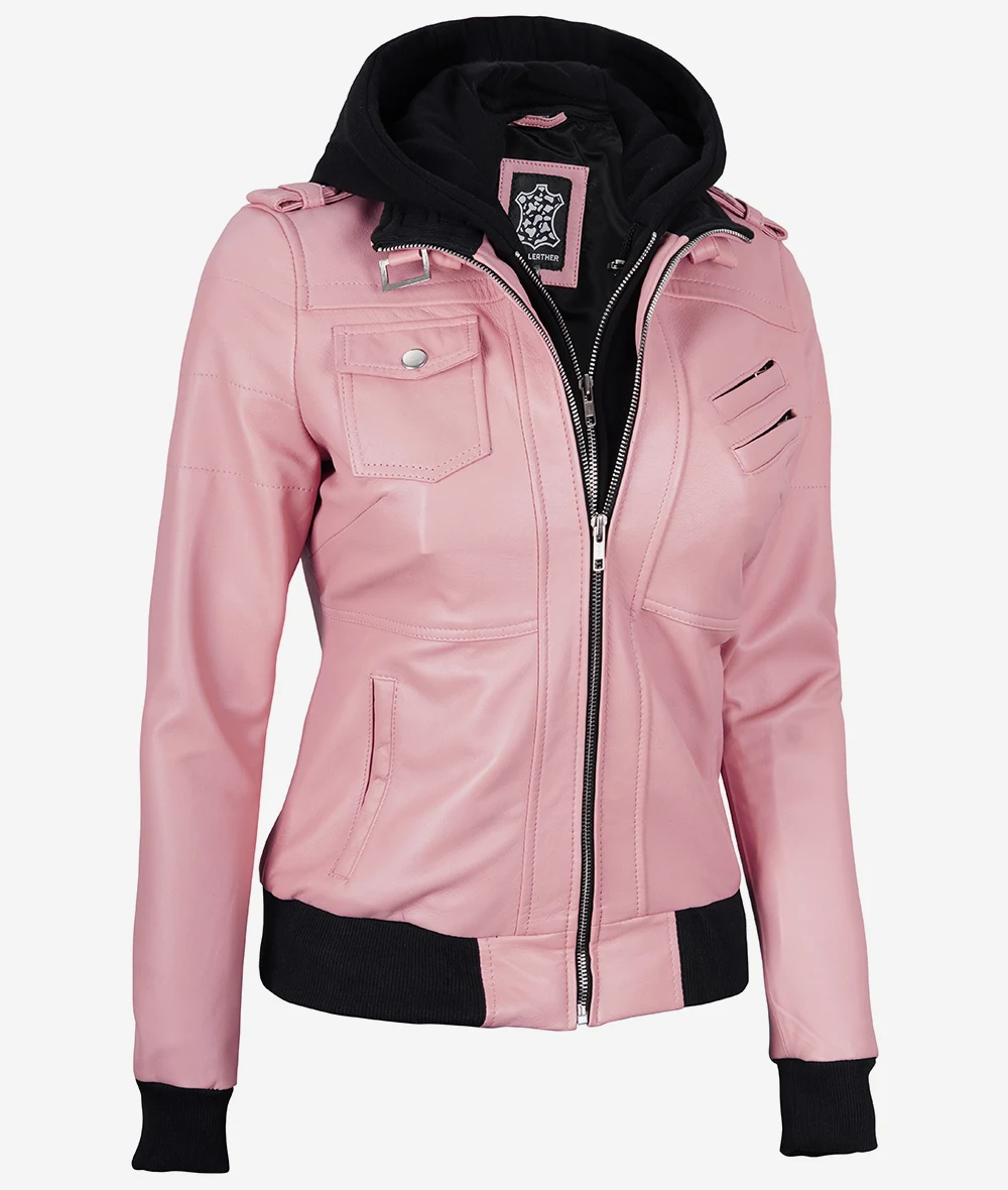 Womens Pink Hooded Bomber Leather Jacket