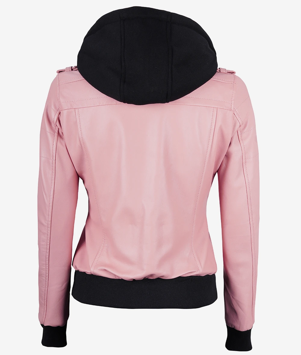 Womens Pink Hooded Bomber Leather Jacket