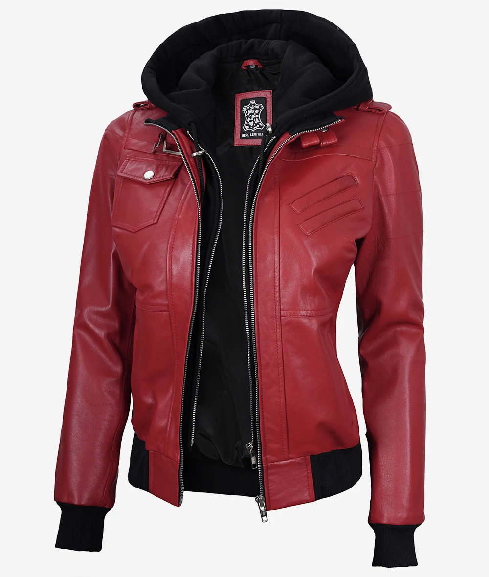 Womens Red Hooded Bomber Leather Jacket